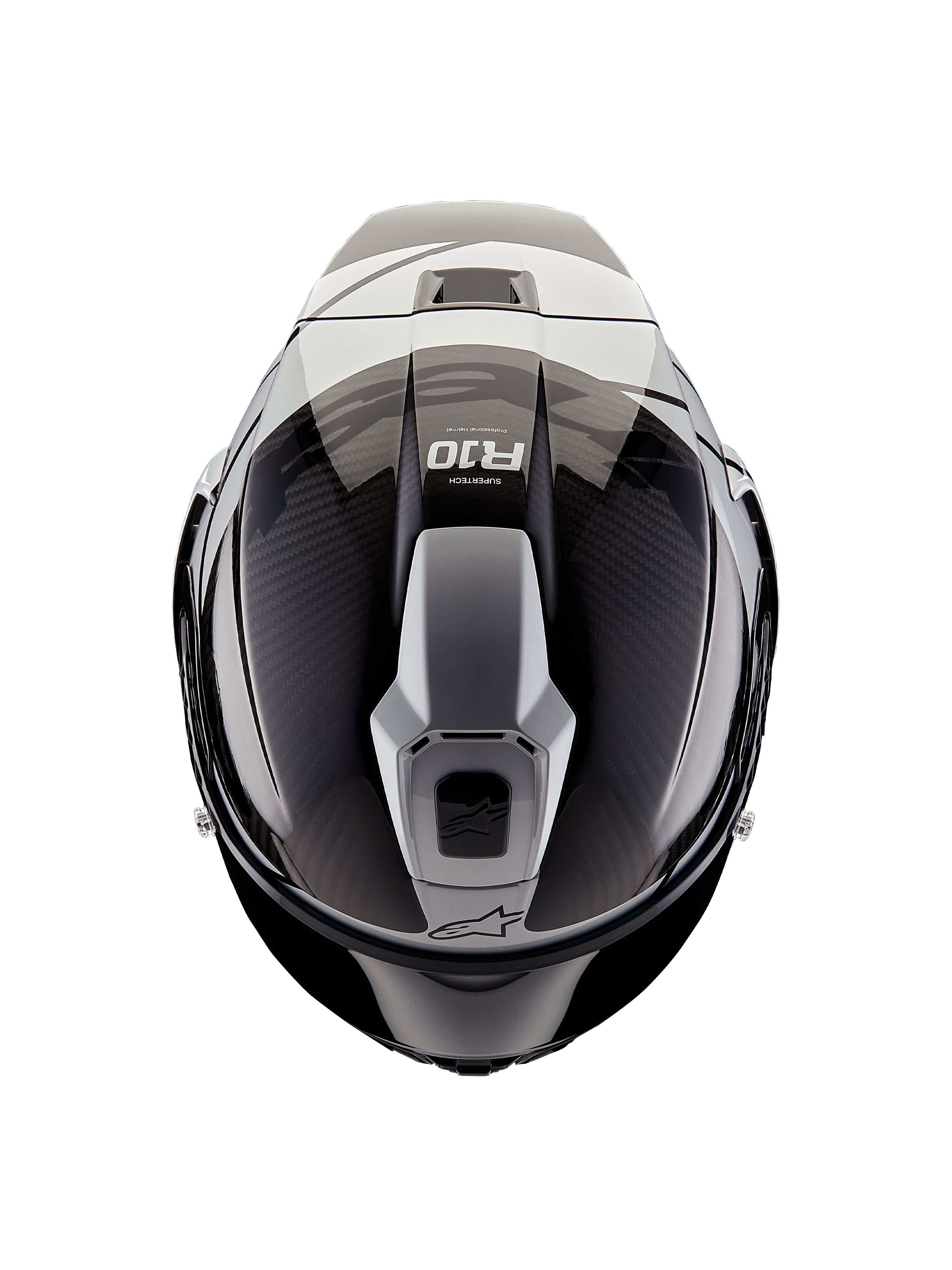 Kask Alpinestars Supertech R10 Element, widok z góry, czarny karbon i srebrny, błyszczące wykończenie z widocznym splotem włókna węglowego, aerodynamiczna struktura wentylacyjna, logo R10 i logo Alpinestars, profesjonalny wyścigowy kask motocyklowy