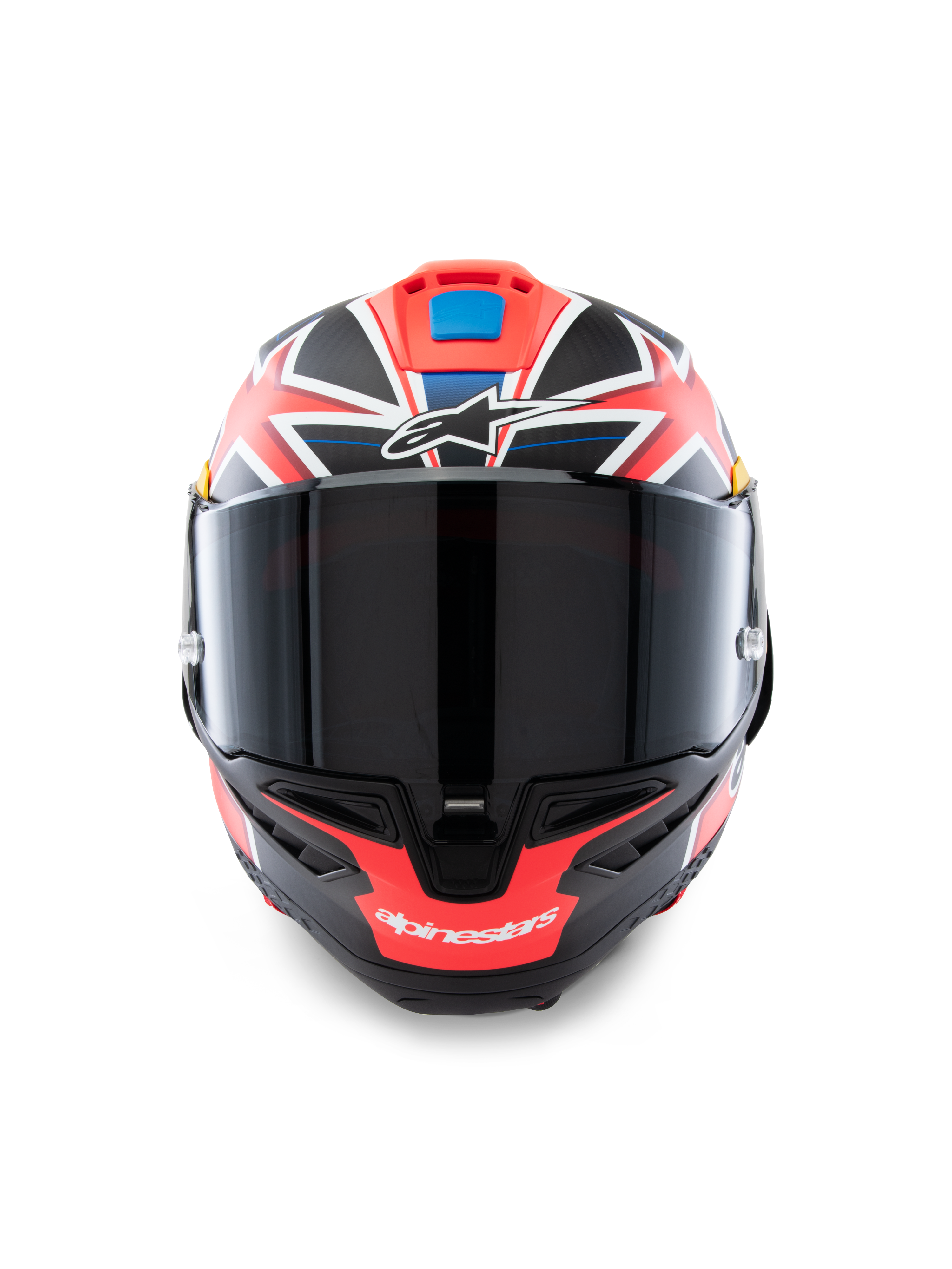 Kask Alpinestars Supertech R10 Miller Limited Edition, widok z przodu, integralny motocyklowy kask wyścigowy z grafiką Carbon Red Matt z białymi i niebieskimi akcentami, ciemny dymiony wizjer, sygnowany design Jacka Millera, aerodynamiczna konstrukcja z włókna węglowego