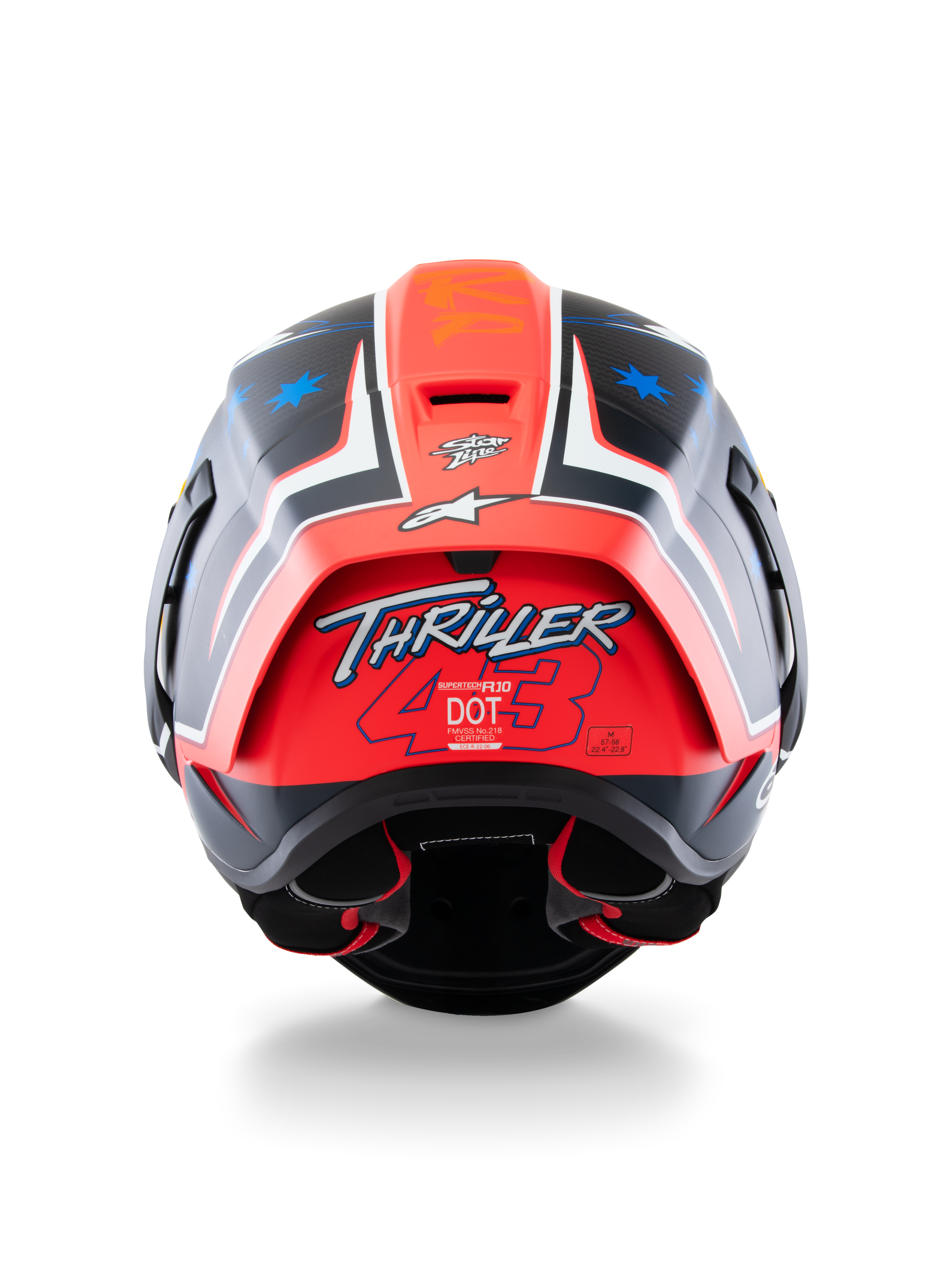 Kask Alpinestars Supertech R10 Miller Limited Edition, kask wyścigowy integralny, kolor Carbon Red Matt z niebieską grafiką gwiazd, widok z tyłu eksponujący logo „Thriller 43” na czerwonym spojlerze, aerodynamiczny design z etykietami certyfikacji