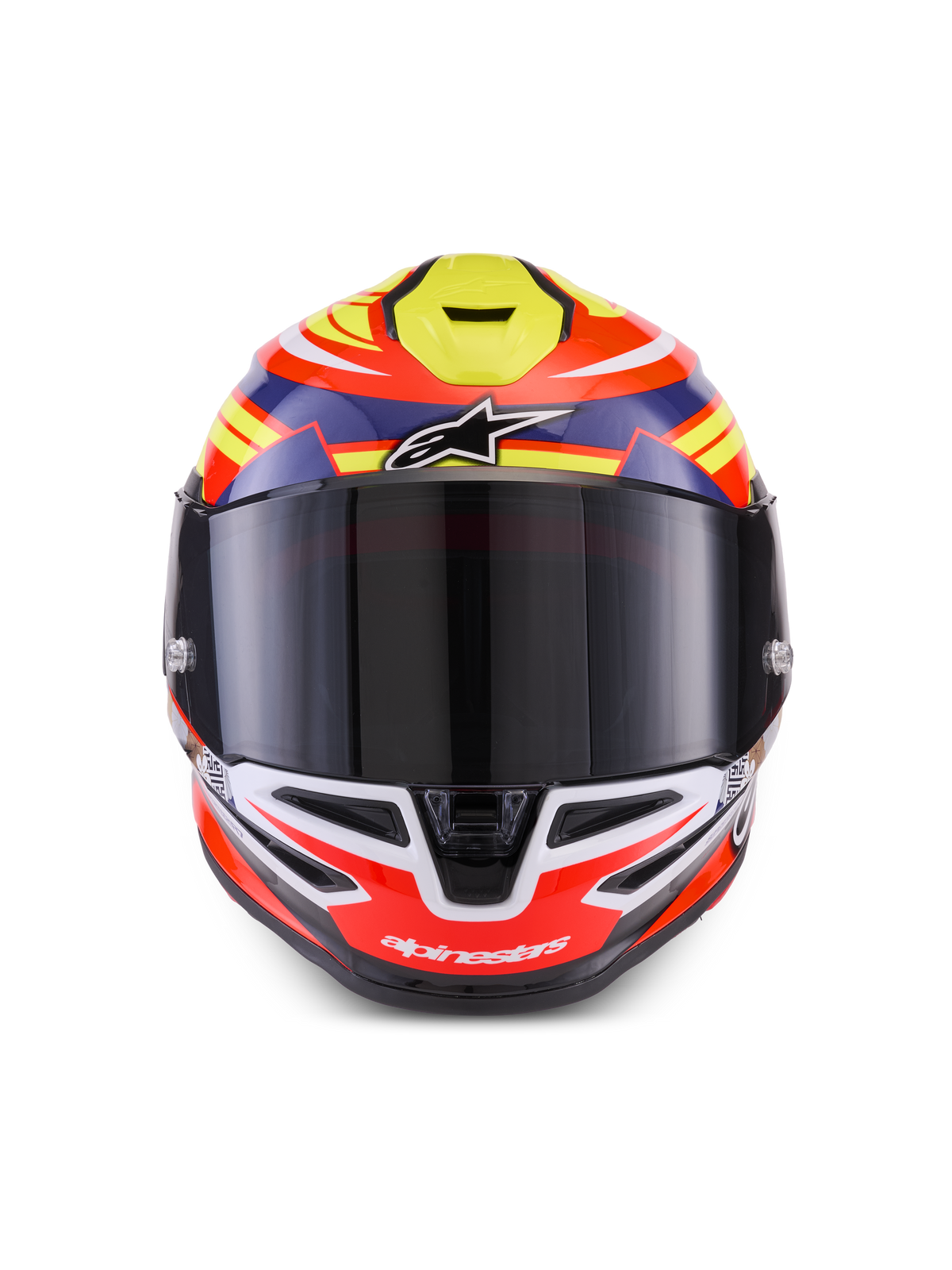 Alpinestars S-R7 Taiyo Furusato Helmet, Full Face Motorcycle Racing Helmet, Glossy Red and Blue with Yellow Fluo graphics, front view showing the visor, chin vents, and aerodynamic composite shell, ECE 22.06 certified
