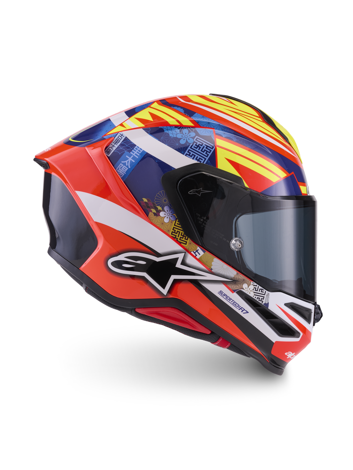 Alpinestars S-R7 Taiyo Furusato, kask motocyklowy wyścigowy full face, czerwony, biały, niebieski i żółty, z certyfikatem ECE 22.06 i grafiką