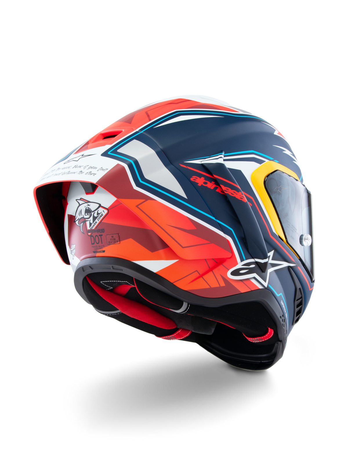 Alpinestars Kask Supertech R10 Acosta Edycja Limitowana, kask motocyklowy wyścigowy, niebieski, czerwony i biały, certyfikaty ECE i DOT, konstrukcja z włókna węglowego, widok z tyłu z grafiką