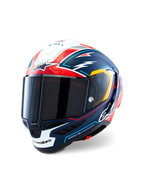 Kask Alpinestars Supertech R10 Acosta Limited Edition, motocyklowy kask wyścigowy, niebieski, czerwony i biały mat z akcentami graficznymi, aerodynamiczna konstrukcja z włókna węglowego, ciemny wizjer, profesjonalny sprzęt ochronny