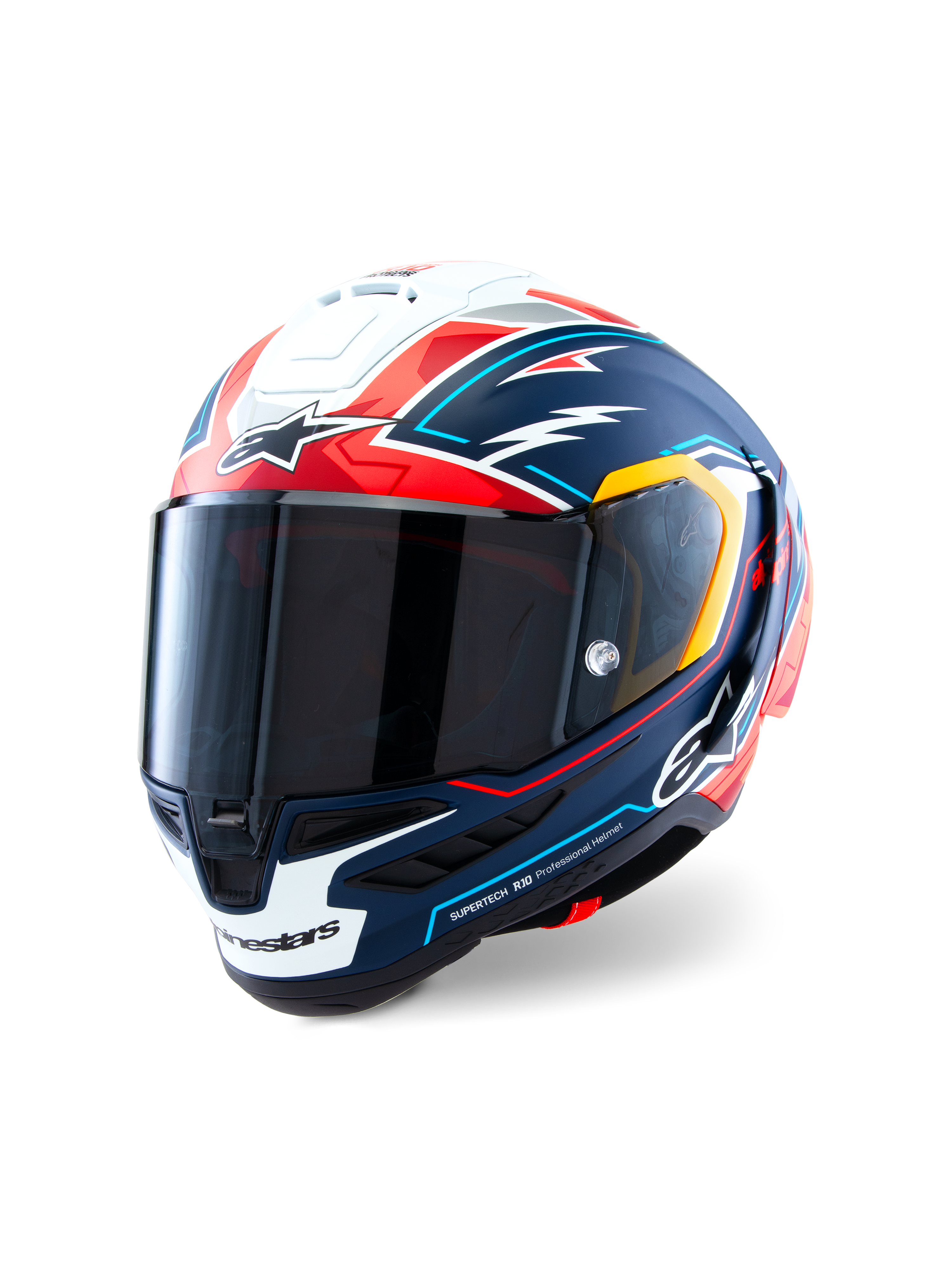 Kask Alpinestars Supertech R10 Acosta Limited Edition, motocyklowy kask wyścigowy, niebieski, czerwony i biały mat z akcentami graficznymi, aerodynamiczna konstrukcja z włókna węglowego, ciemny wizjer, profesjonalny sprzęt ochronny