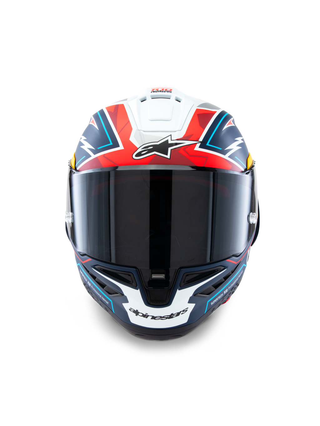 Alpinestars Supertech R10 Acosta Limited Edition Helmet, widok z przodu, niebieski, czerwony i biały mat, wysokowydajny kask wyścigowy z ciemnym dymionym wizjerem, wyrazisty geometryczny wzór i branding Alpinestars, skorupa z kompozytu węglowego