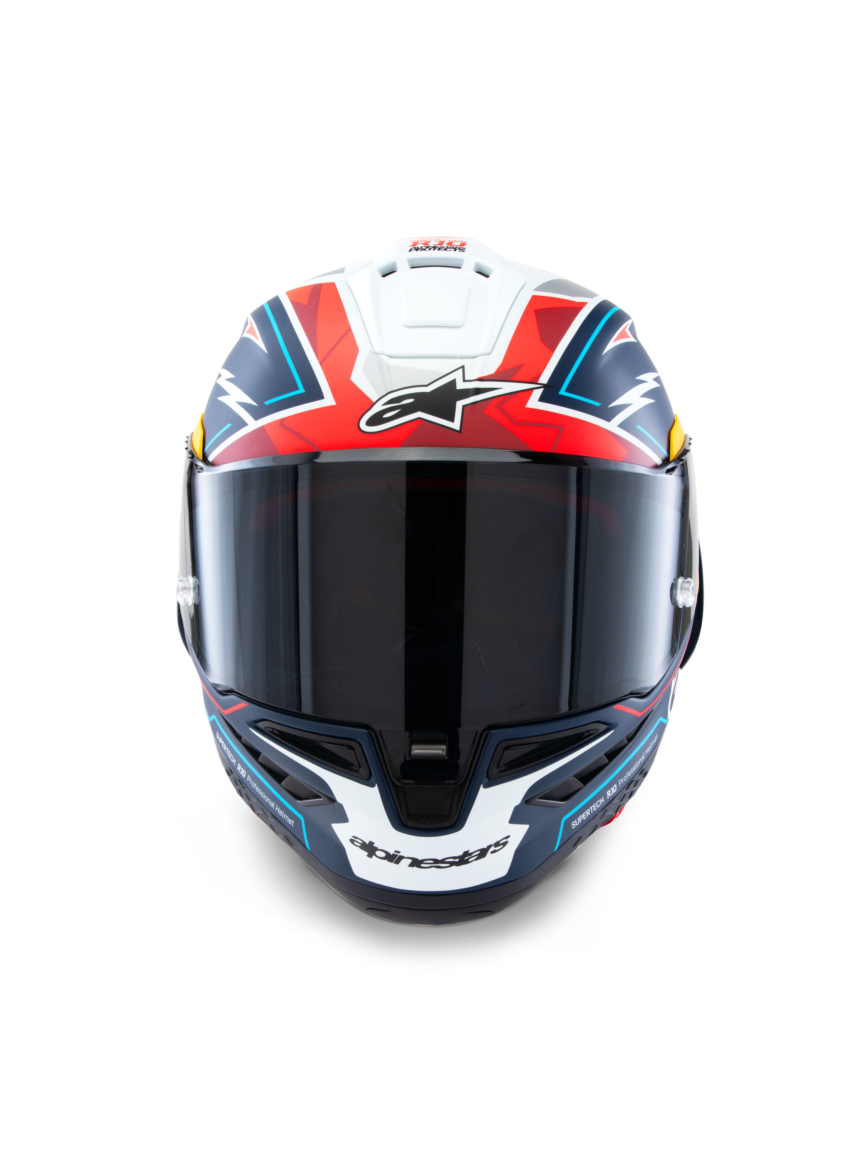 Alpinestars Supertech R10 Acosta Limited Edition Helmet, widok z przodu, niebieski, czerwony i biały mat, wysokowydajny kask wyścigowy z ciemnym dymionym wizjerem, wyrazisty geometryczny wzór i branding Alpinestars, skorupa z kompozytu węglowego
