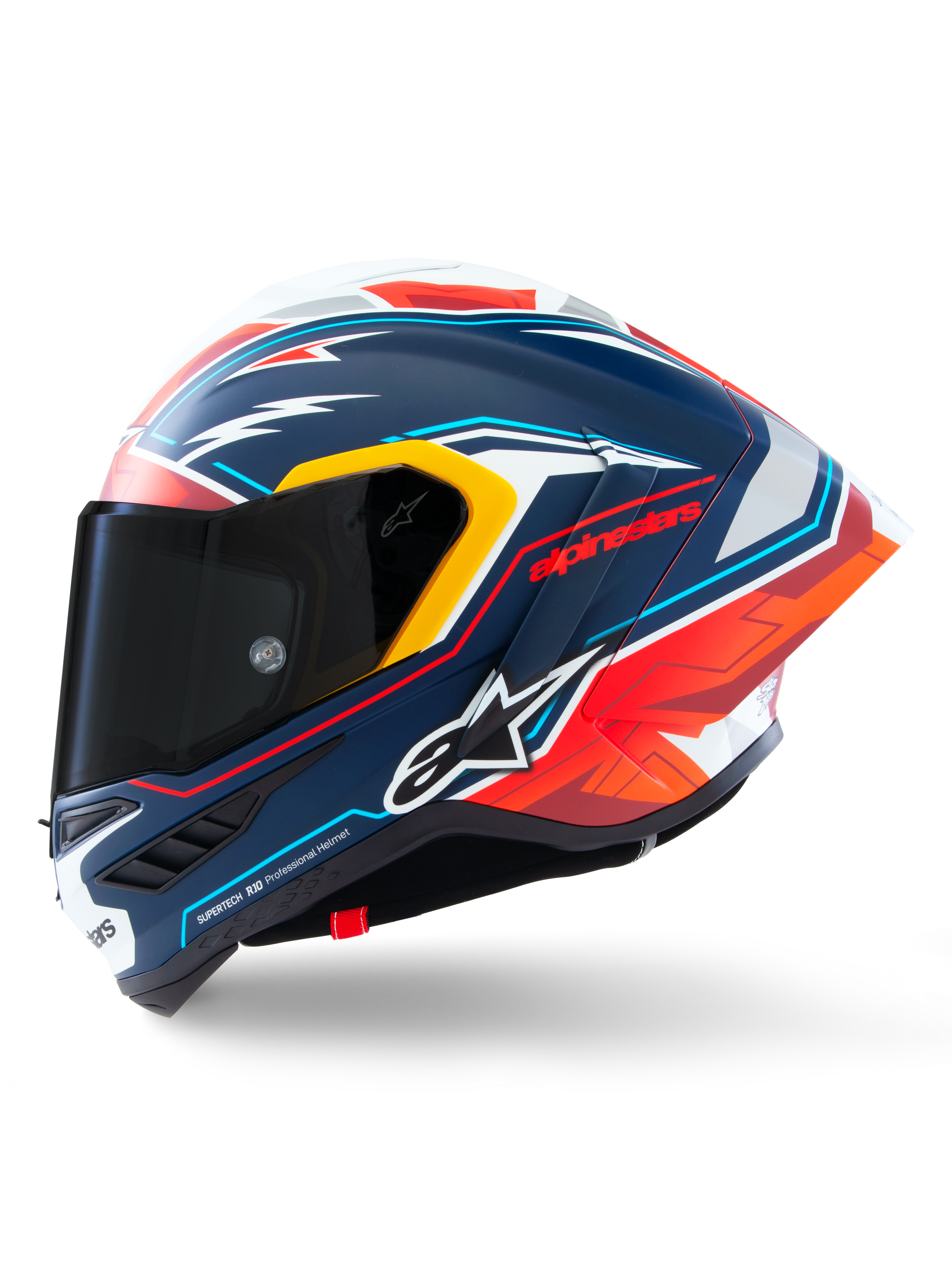 Kask Alpinestars Supertech R10 Acosta Limited Edition, pełny kask wyścigowy, matowy niebieski z czerwonymi, białymi i żółtymi akcentami, widok z boku pokazujący ciemny dymiony wizjer i aerodynamiczny spojler, profesjonalny wyścigowy design z włókna węglowego