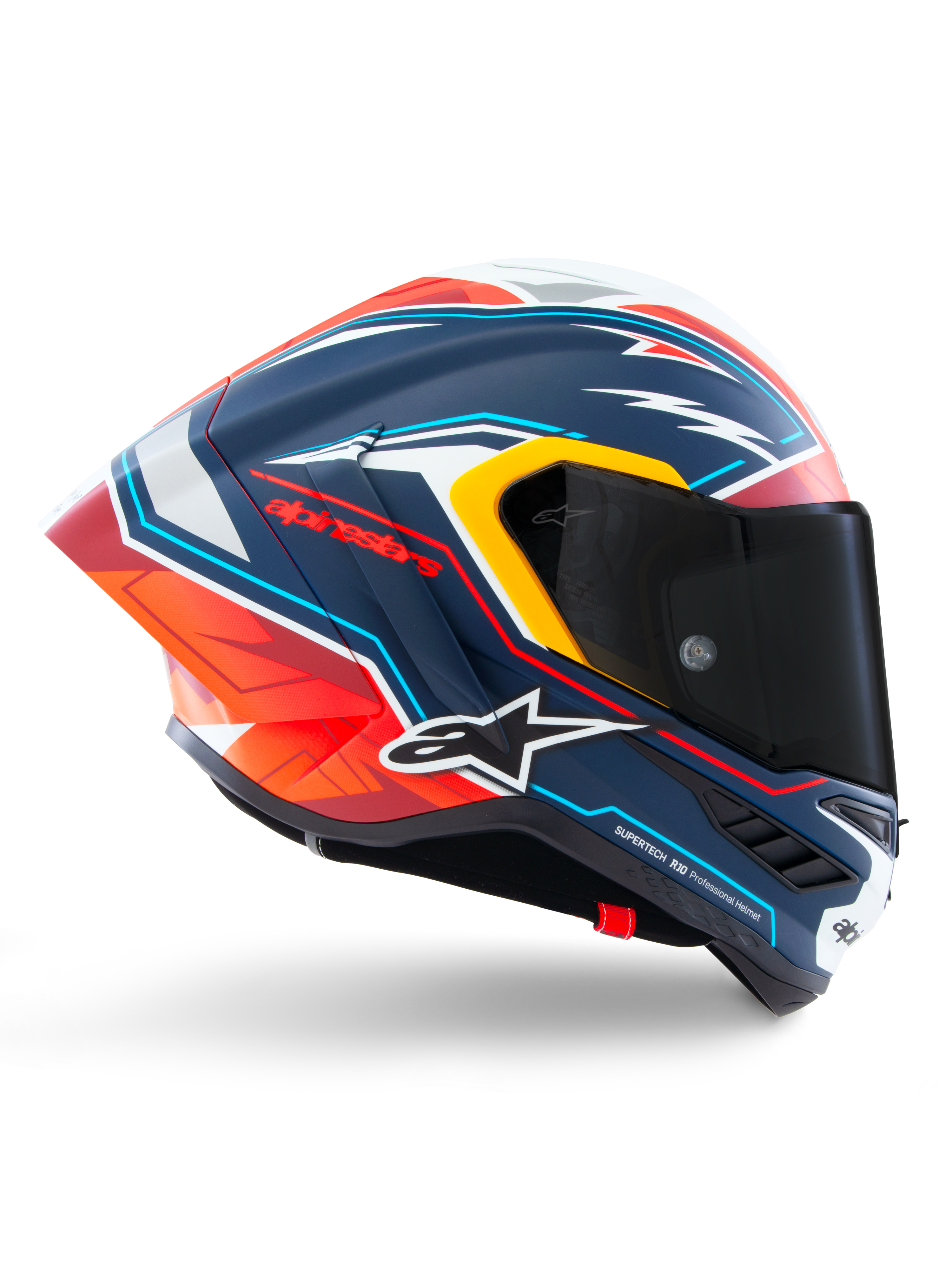 Kask Alpinestars Supertech R10 Acosta Limited Edition, wyścigowy kask motocyklowy, matowy niebieski z czerwoną, pomarańczową i białą grafiką, widok z boku, ciemna dymiona szybka, aerodynamiczna skorupa z włókna węglowego, profesjonalna wydajność