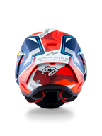 Kask Alpinestars Supertech R10 Acosta Limited Edition, widok z tyłu, niebiesko-czerwono-biały mat, z grafiką rekina „Shark Zone” i inspirującym cytatem z tyłu, aerodynamiczny spoiler wyścigowy, profesjonalna ochrona motocyklowa