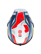 Alpinestars Kask Supertech R10 Acosta Edycja Limitowana, widok z góry na kask wyścigowy z włókna węglowego w kolorach niebieskim, czerwonym i białym, z aerodynamicznym spoilerem