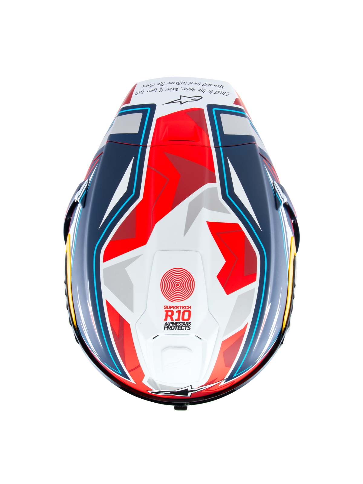 Alpinestars Kask Supertech R10 Acosta Edycja Limitowana, widok z góry na kask wyścigowy z włókna węglowego w kolorach niebieskim, czerwonym i białym, z aerodynamicznym spoilerem