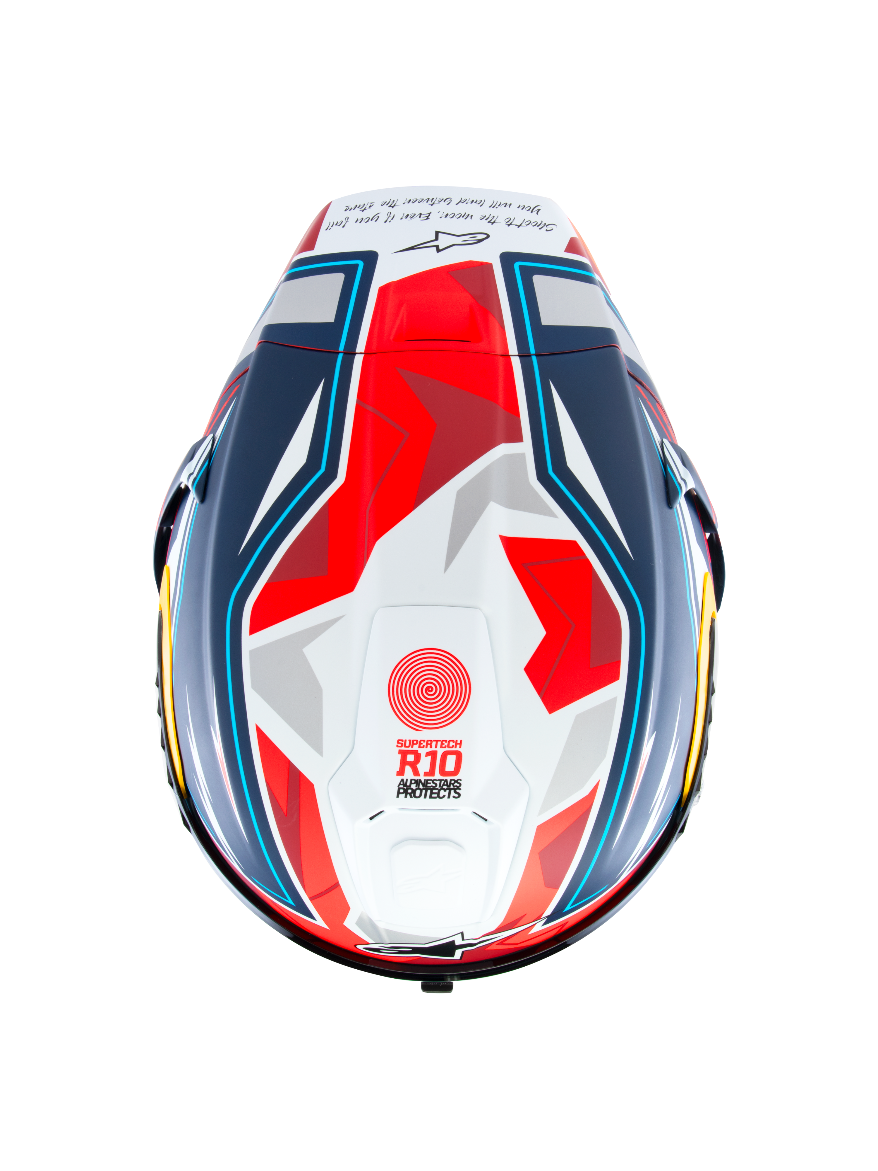 Kask Alpinestars Supertech R10 Acosta Limited Edition, widok z góry, niebiesko-czerwono-biały mat, wyścigowy kask motocyklowy z aerodynamiczną skorupą i geometryczną grafiką, logo „Supertech R10” na czubku oraz matowym wykończeniem.