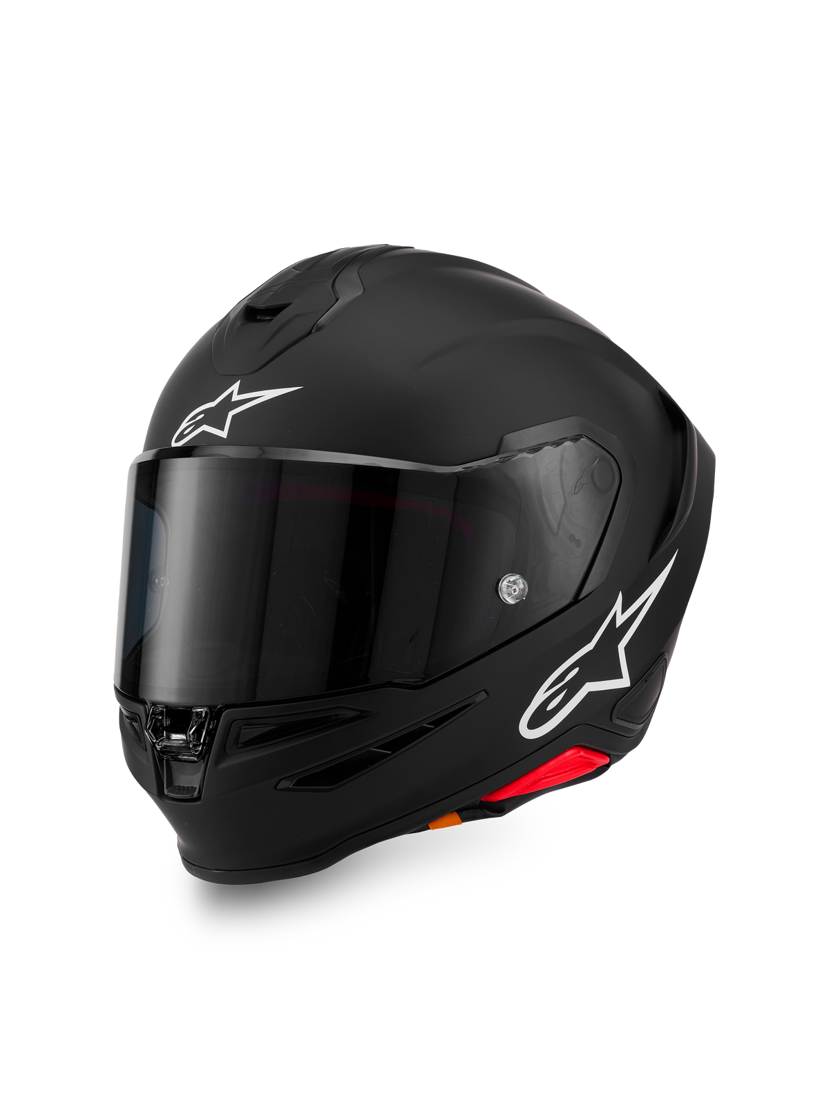 Alpinestars S-R7 Solid Helmet, kask motocyklowy integralny, czarny mat z białymi logo A-star na czole i z boku, ciemna przyciemniana szyba, aerodynamiczna konstrukcja skorupy do jazdy wyścigowej i sportowej