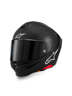 Alpinestars S-R7 Solid Helmet, kask motocyklowy integralny, czarny mat z białymi logo A-star na czole i z boku, ciemna przyciemniana szyba, aerodynamiczna konstrukcja skorupy do jazdy wyścigowej i sportowej