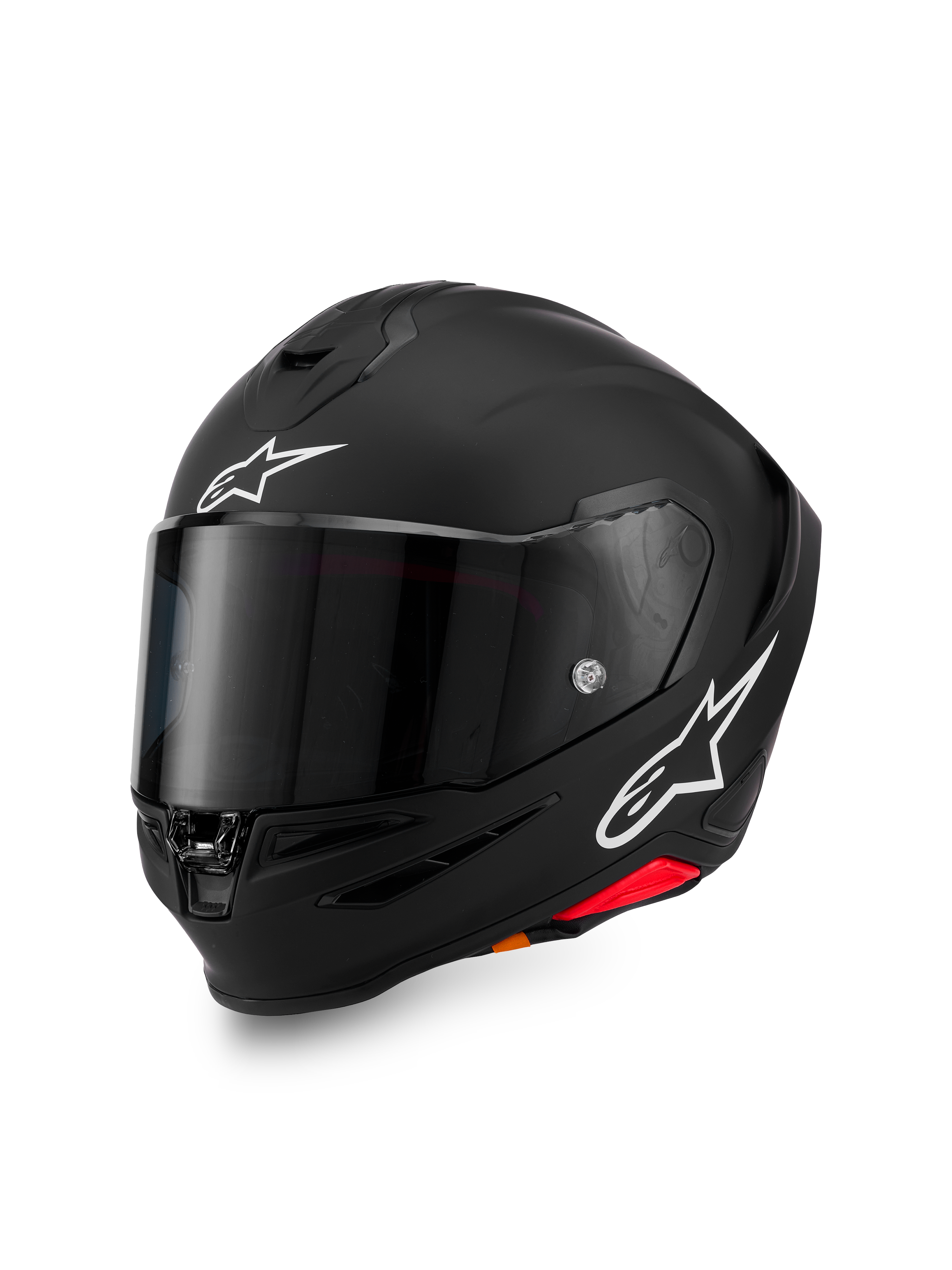Alpinestars S-R7 Solid Helmet, kask motocyklowy integralny, czarny mat z białymi logo A-star na czole i z boku, ciemna przyciemniana szyba, aerodynamiczna konstrukcja skorupy do jazdy wyścigowej i sportowej