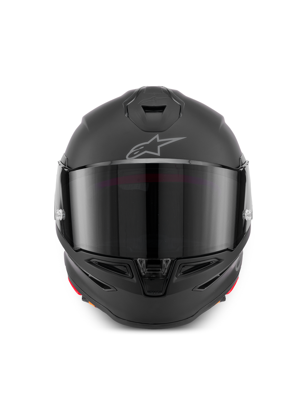 Kask Alpinestars S-R7 Solid, integralny kask motocyklowy w kolorze Black Matte, widok z przodu ukazujący aerodynamiczną skorupę z ciemnym wizjerem, zintegrowane wloty powietrza na brodzie i na górze oraz charakterystyczne logo Astar na czole.