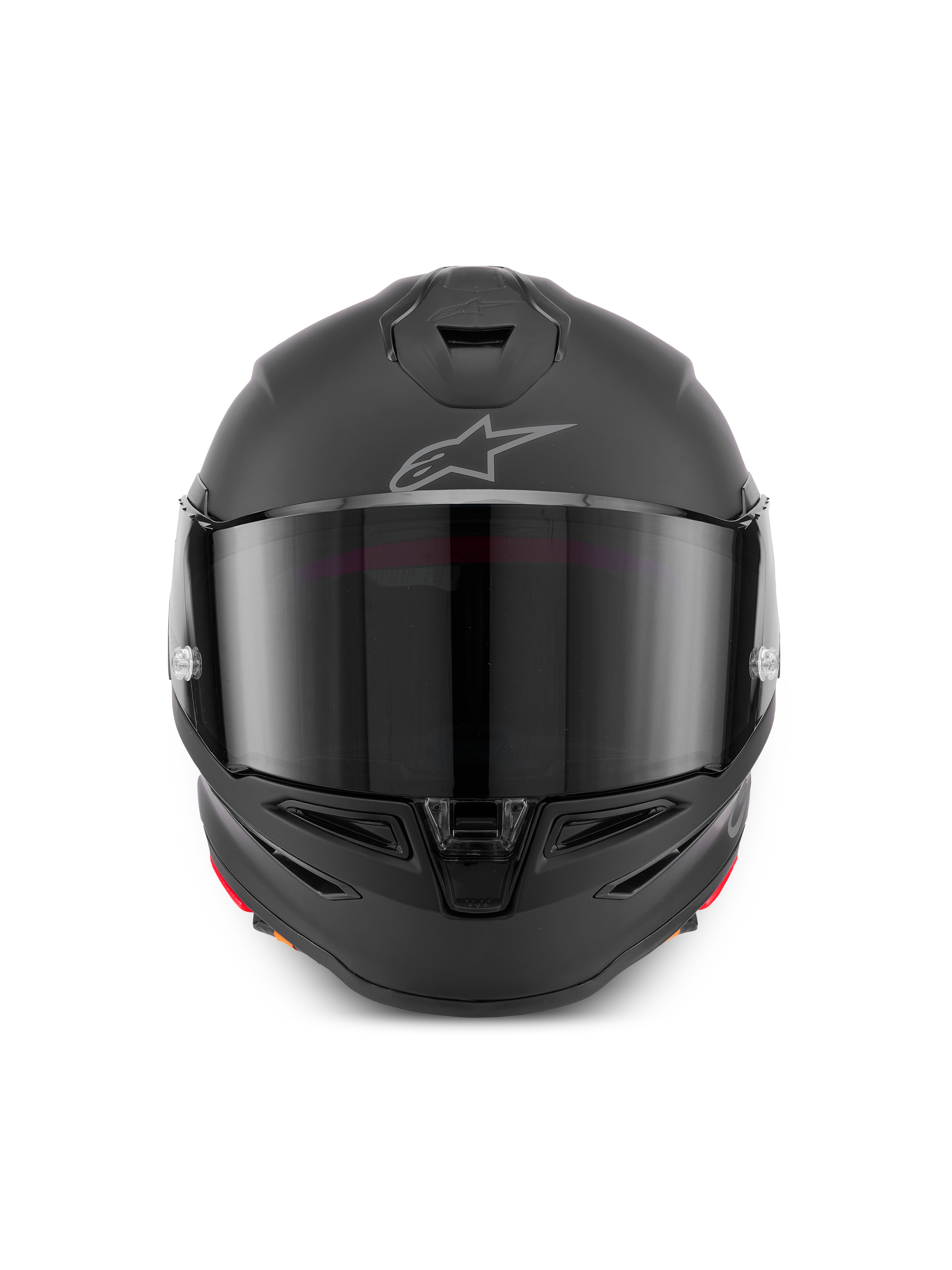 Kask Alpinestars S-R7 Solid, integralny kask motocyklowy w kolorze Black Matte, widok z przodu ukazujący aerodynamiczną skorupę z ciemnym wizjerem, zintegrowane wloty powietrza na brodzie i na górze oraz charakterystyczne logo Astar na czole.