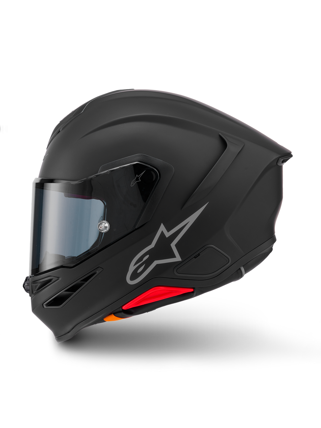 Kask Alpinestars S-R7 Solid, integralny kask motocyklowy, czarny mat, widok z boku, srebrne logo Astars, aerodynamiczny design ze zintegrowanym spojlerem i wlotami powietrza na szczęce, czerwone i pomarańczowe akcenty u podstawy