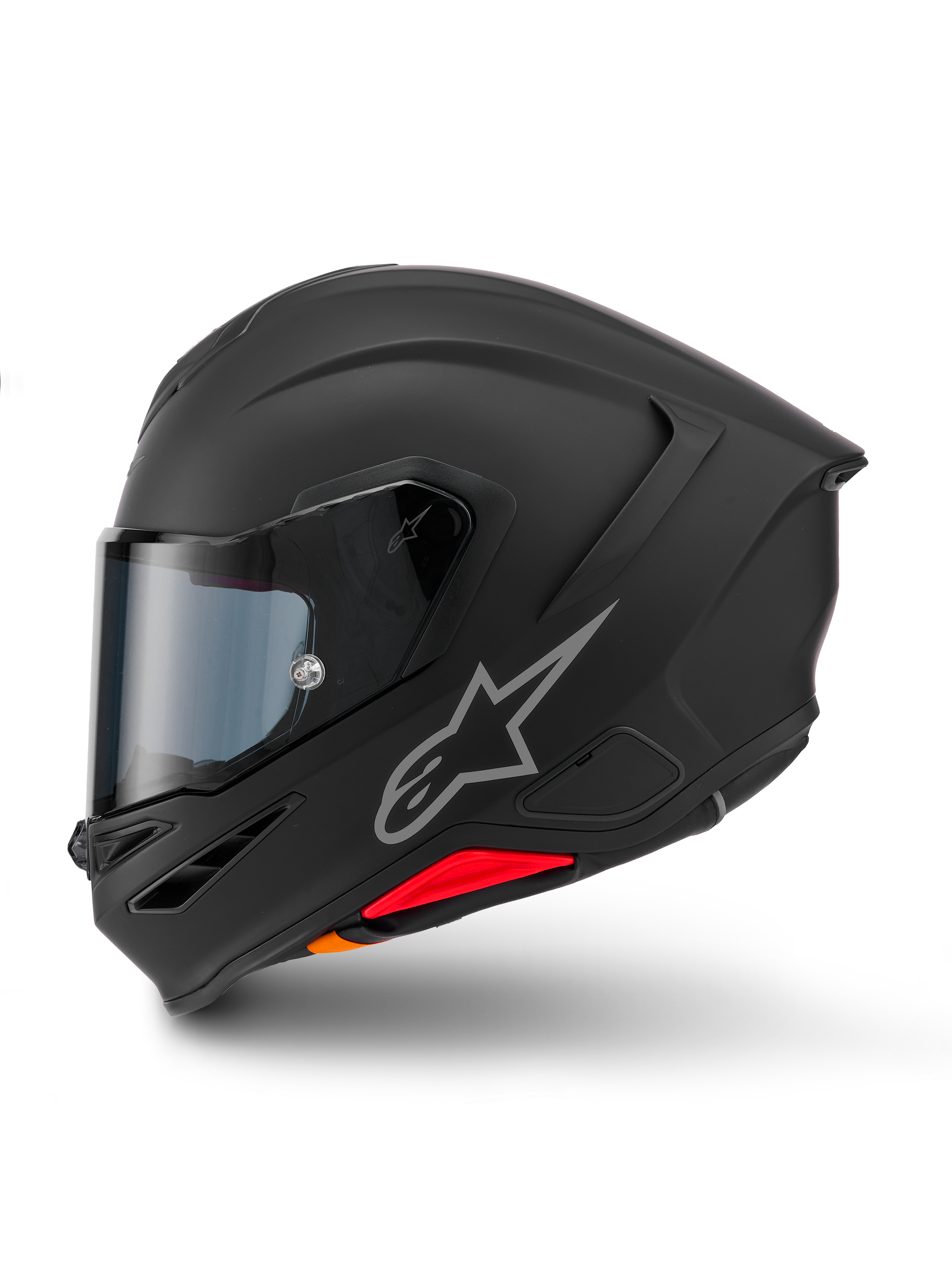 Kask Alpinestars S-R7 Solid, integralny kask motocyklowy, czarny mat, widok z boku, srebrne logo Astars, aerodynamiczny design ze zintegrowanym spojlerem i wlotami powietrza na szczęce, czerwone i pomarańczowe akcenty u podstawy