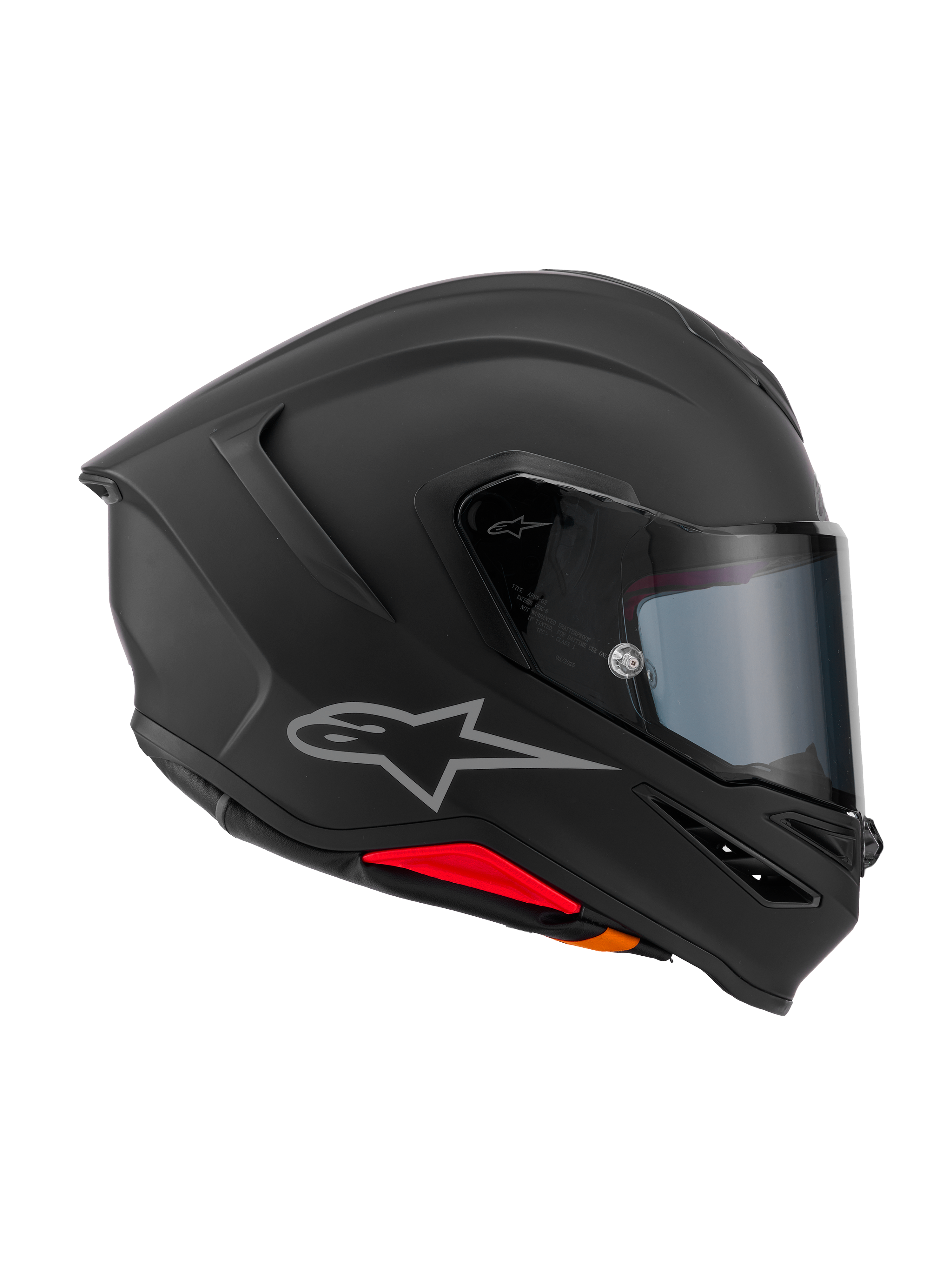 Kask Alpinestars S-R7 Solid, kask motocyklowy integralny, czarny mat, widok z boku prezentujący aerodynamiczną skorupę z kompozytu węglowego, zintegrowany tylny spojler, srebrne logo Astars, przezroczysty wizjer i otwory wentylacyjne, wyścigowy i sportowy sprzęt motocyklowy