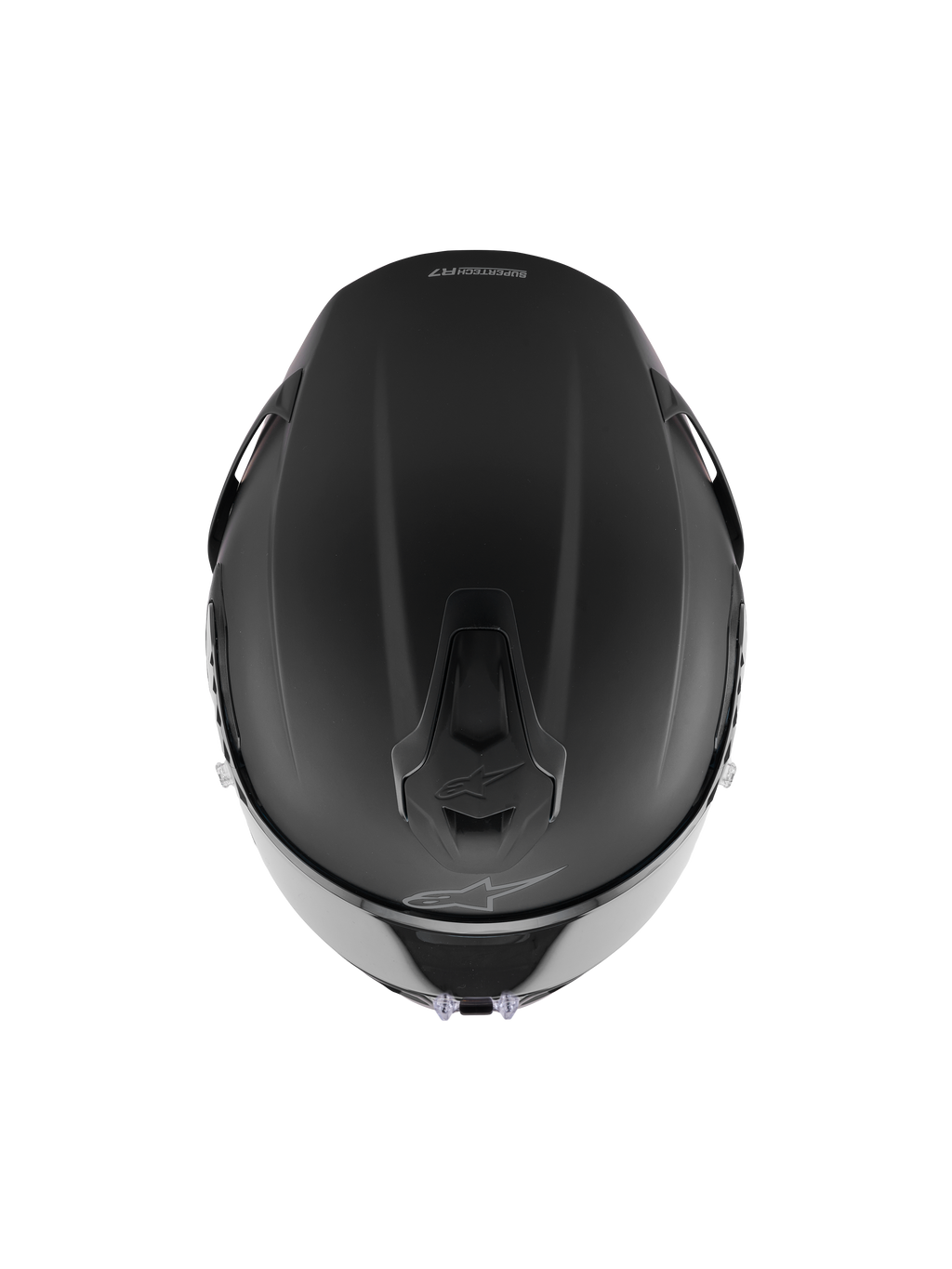 Kask Alpinestars S-R7 Solid, kask wyścigowy integralny, czarny mat, widok z góry ukazujący aerodynamiczną konstrukcję skorupy, zintegrowane otwory wentylacyjne i subtelne logo Alpinestars
