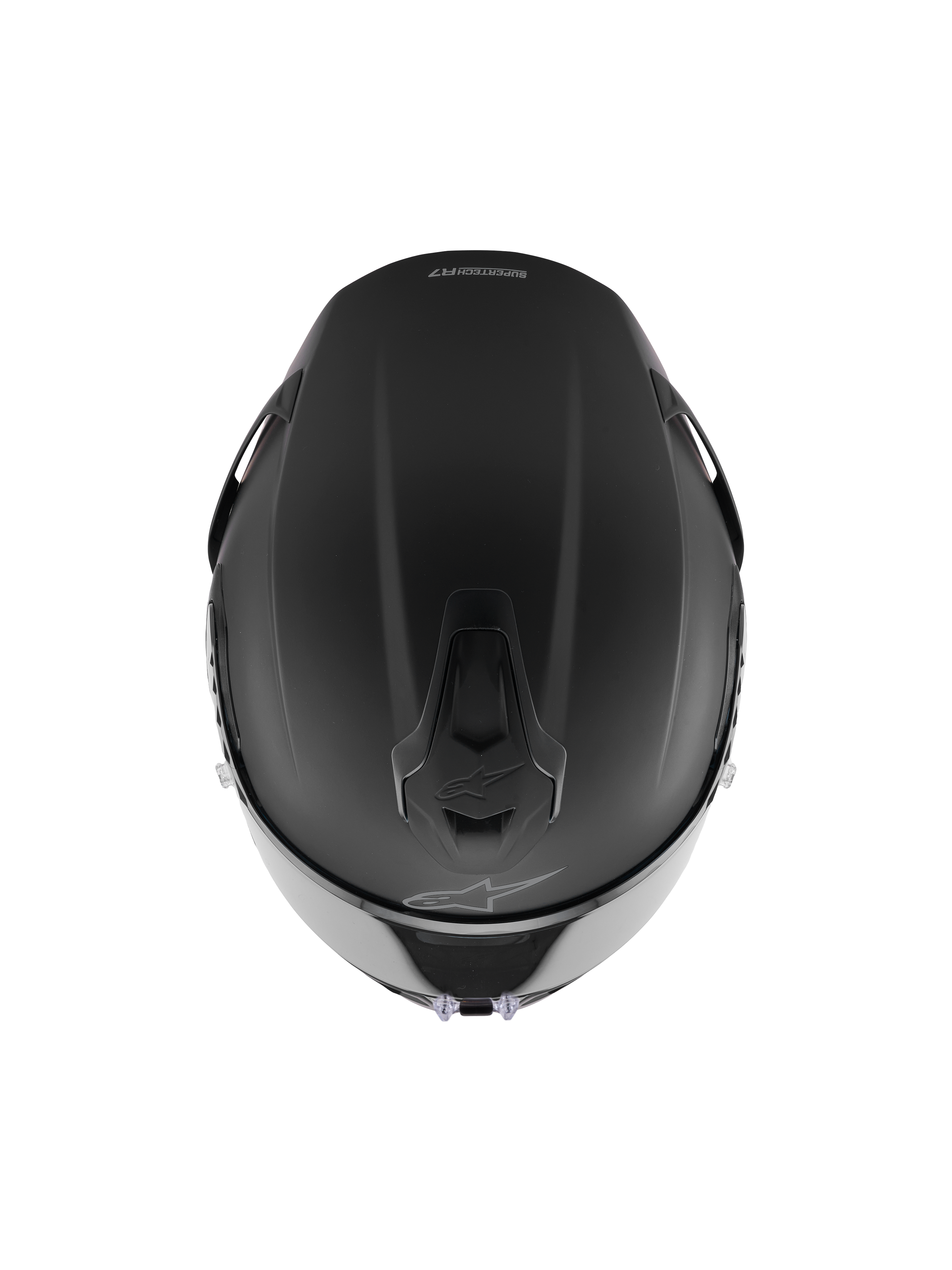 Kask Alpinestars S-R7 Solid, kask wyścigowy integralny, czarny mat, widok z góry ukazujący aerodynamiczną konstrukcję skorupy, zintegrowane otwory wentylacyjne i subtelne logo Alpinestars