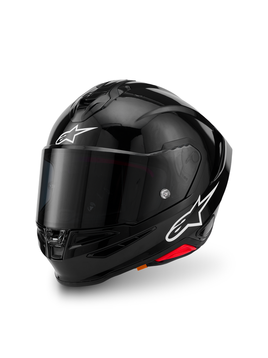 Alpinestars S-R7 Solid Helmet, Black Glossy, kask motocyklowy integralny ze skorupą z kompozytu węglowego, białe logo gwiazdy na czole i z boku, aerodynamiczny design ze zintegrowanym spojlerem i otworami wentylacyjnymi