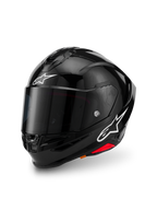 Alpinestars S-R7 Solid Helmet, Black Glossy, kask motocyklowy integralny ze skorupą z kompozytu węglowego, białe logo gwiazdy na czole i z boku, aerodynamiczny design ze zintegrowanym spojlerem i otworami wentylacyjnymi