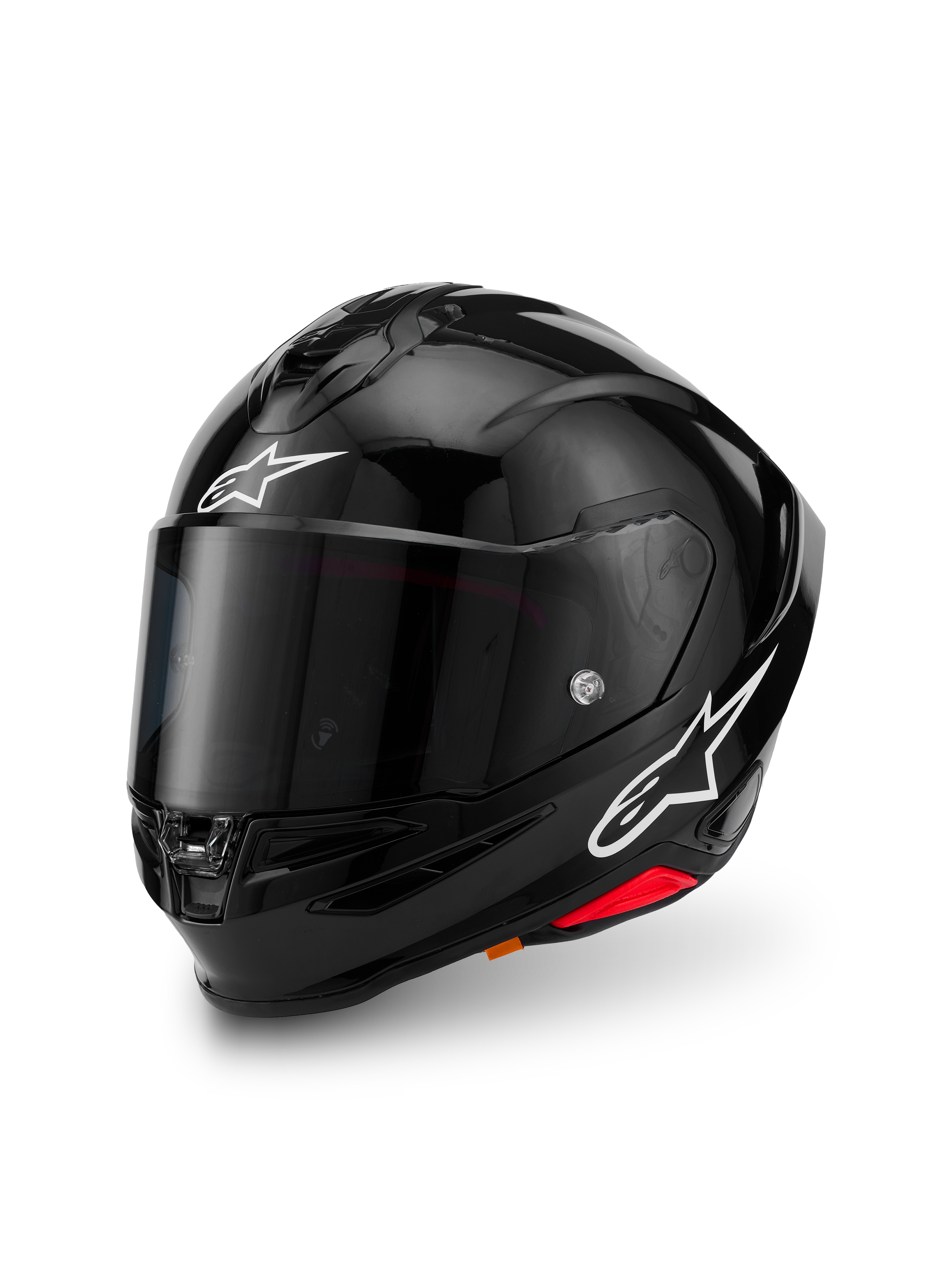 Alpinestars S-R7 Solid Helmet, Black Glossy, kask motocyklowy integralny ze skorupą z kompozytu węglowego, białe logo gwiazdy na czole i z boku, aerodynamiczny design ze zintegrowanym spojlerem i otworami wentylacyjnymi