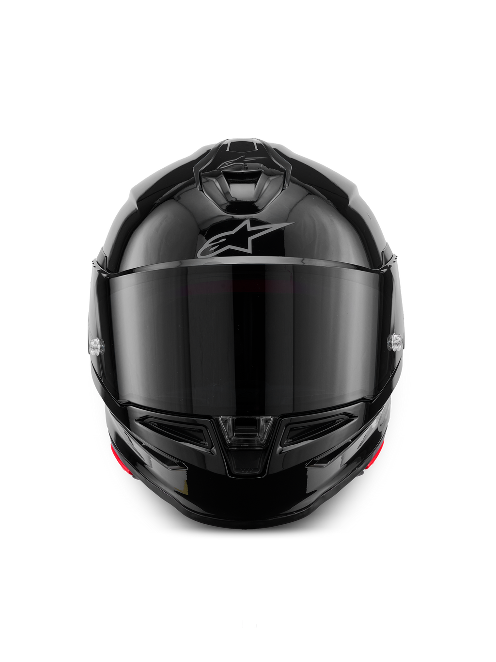 Kask Alpinestars S-R7 Solid, integralny kask motocyklowy, czarny połysk, widok z przodu z ciemnym wizjerem, opływowa aerodynamiczna skorupa z wlotami powietrza na szczęce i górze, subtelne srebrne logo Alpinestars na czole.