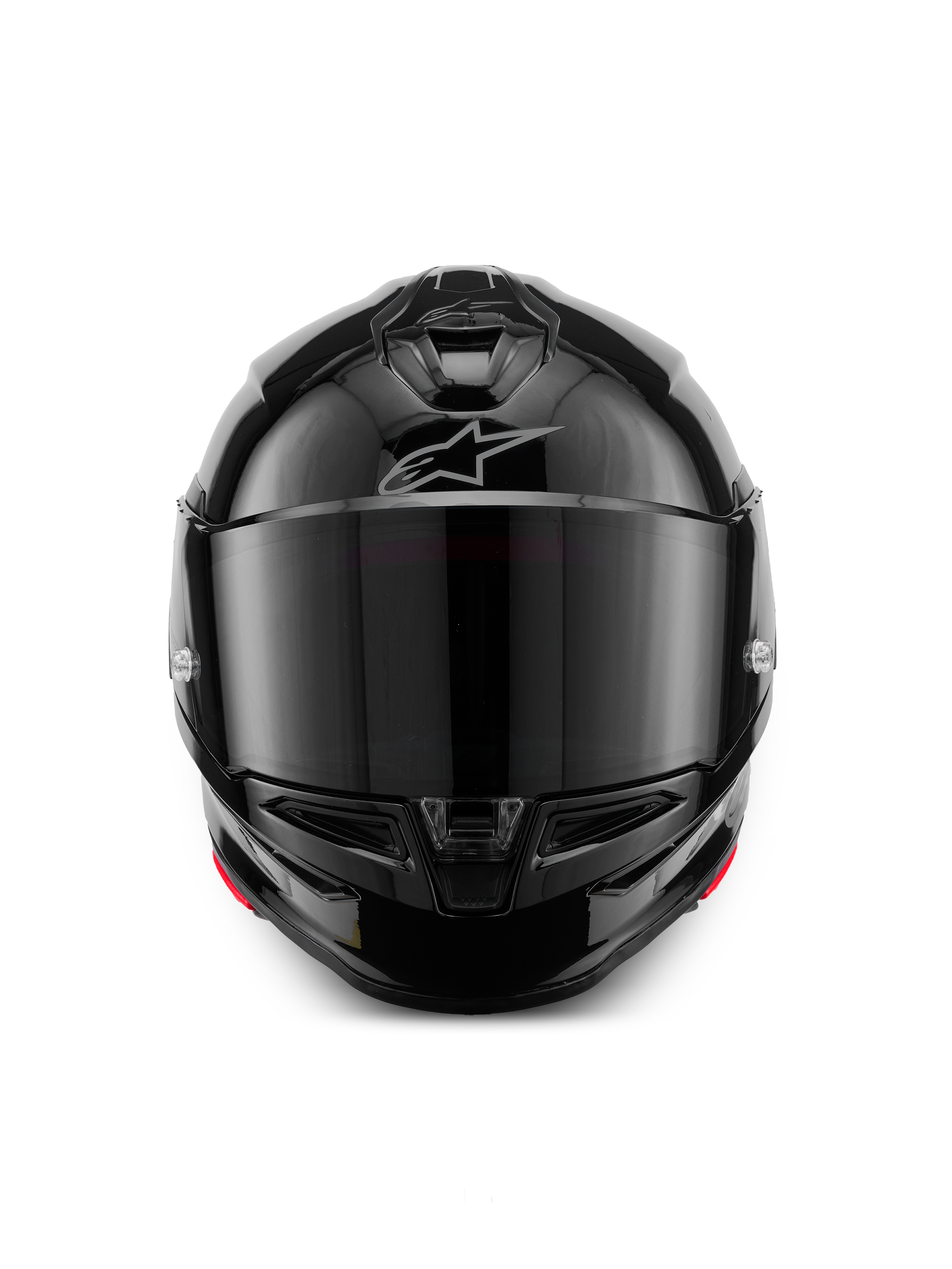 Kask Alpinestars S-R7 Solid, integralny kask motocyklowy, czarny połysk, widok z przodu z ciemnym wizjerem, opływowa aerodynamiczna skorupa z wlotami powietrza na szczęce i górze, subtelne srebrne logo Alpinestars na czole.