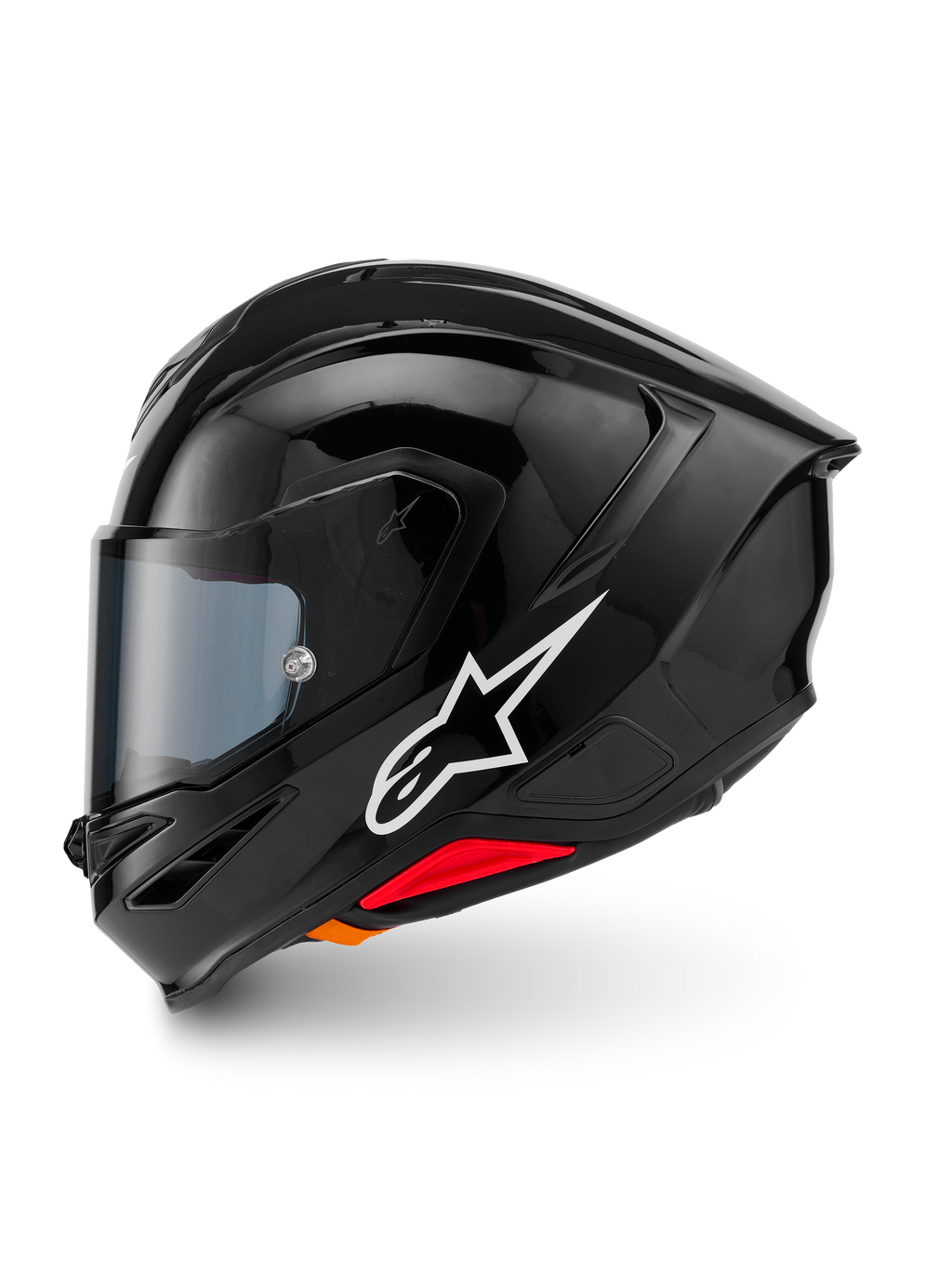 Kask Alpinestars S-R7 Solid, integralny kask motocyklowy, czarny z połyskiem, widok z lewego profilu z białym logo Alpinestars, aerodynamiczna skorupa ze zintegrowanym spojlerem, przyciemniany wizjer i czerwone akcenty systemu awaryjnego zwalniania.