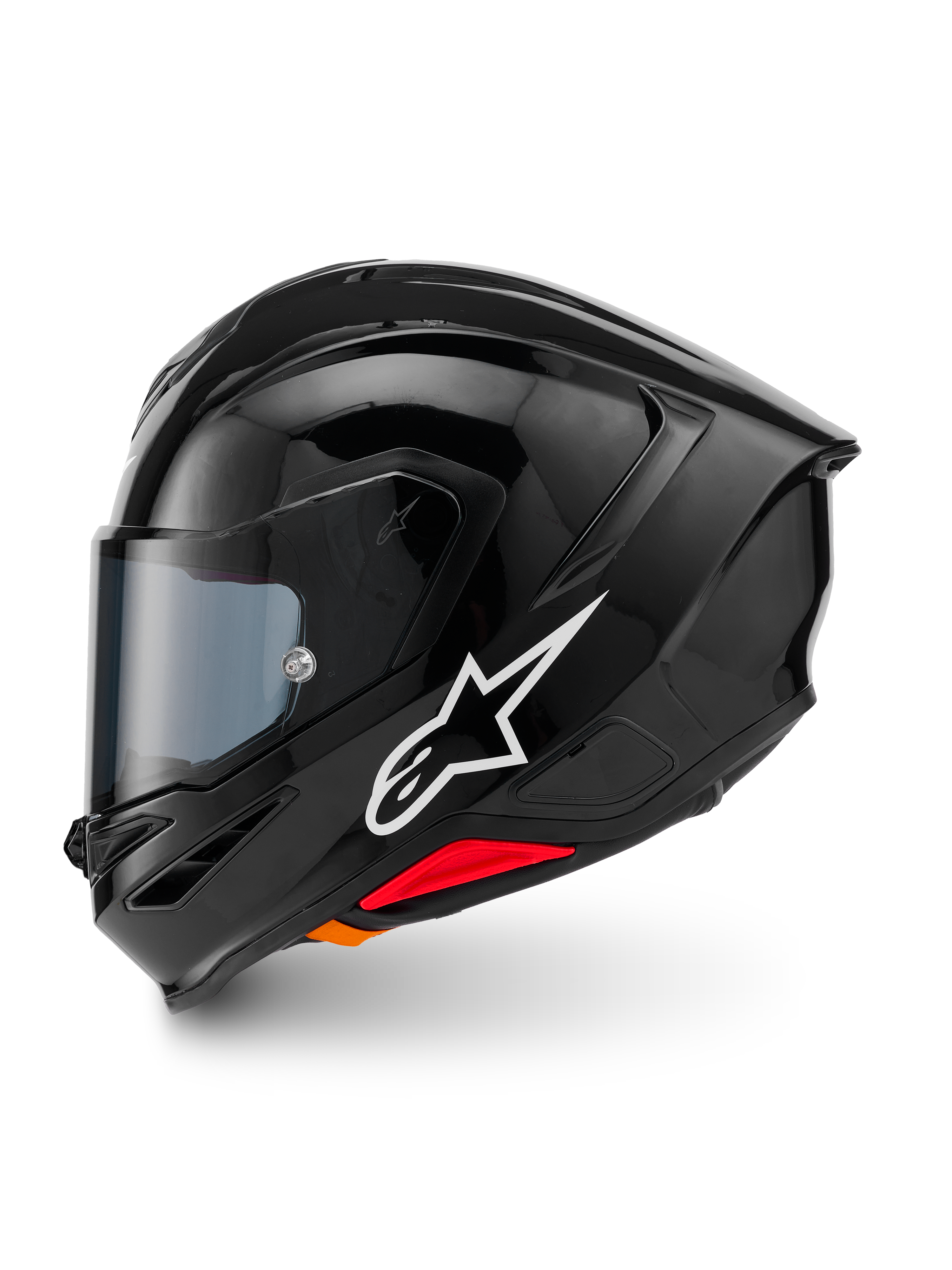 Kask Alpinestars S-R7 Solid, integralny kask motocyklowy, czarny z połyskiem, widok z lewego profilu z białym logo Alpinestars, aerodynamiczna skorupa ze zintegrowanym spojlerem, przyciemniany wizjer i czerwone akcenty systemu awaryjnego zwalniania.