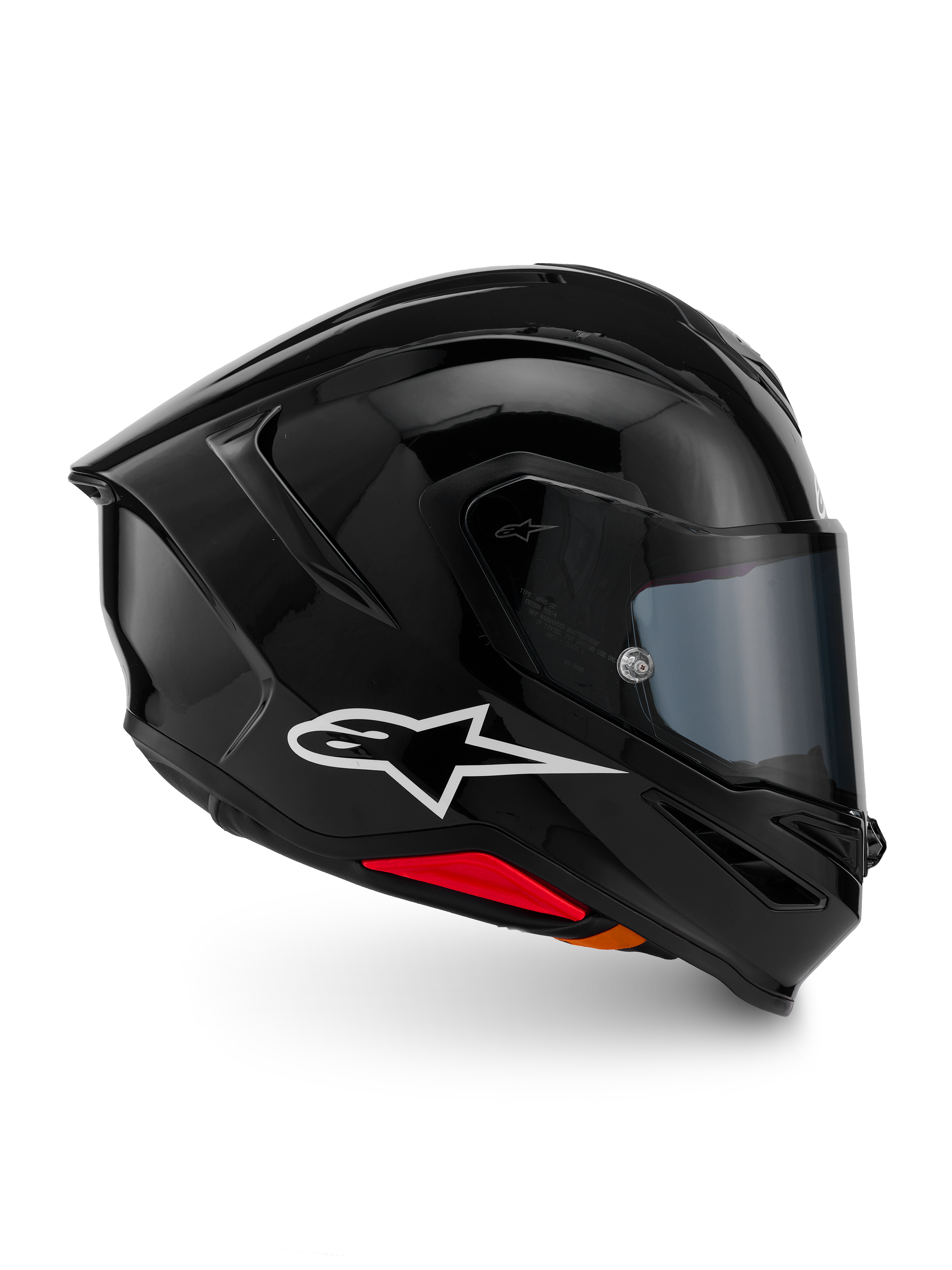 Kask Alpinestars S-R7 Solid, pełny kask motocyklowy, czarny błyszczący, widok z profilu z białym logo A-star, opływowa aerodynamiczna skorupa ze zintegrowanym spojlerem i czerwonymi akcentami u podstawy, zaprojektowany z myślą o wyścigach i sportowych osiągach