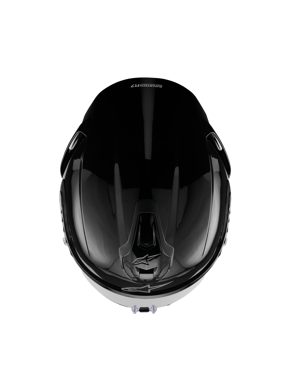 Kask Alpinestars S-R7 Solid, kask motocyklowy integralny, czarny błyszczący, widok z góry prezentujący aerodynamiczną skorupę, otwory wentylacyjne i gładkie błyszczące wykończenie