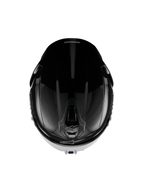 Kask Alpinestars S-R7 Solid, kask motocyklowy integralny, czarny błyszczący, widok z góry prezentujący aerodynamiczną skorupę, otwory wentylacyjne i gładkie błyszczące wykończenie
