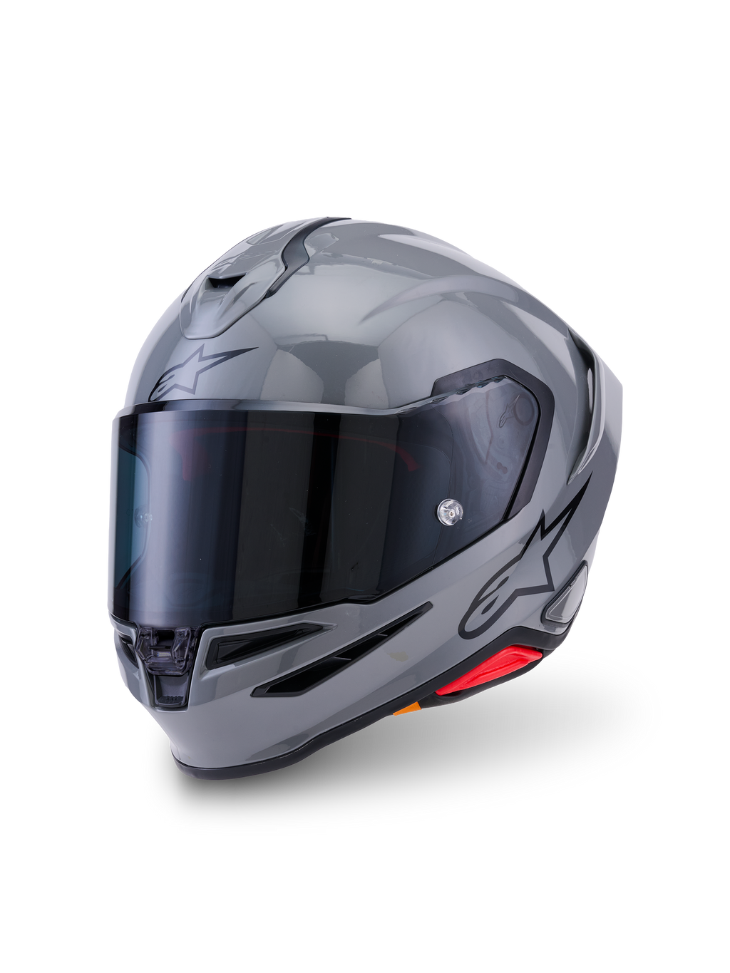 Kask Alpinestars S-R7 Solid, kask motocyklowy integralny, szary błyszczący, przyciemniany wizjer, aerodynamiczna skorupa ze zintegrowanym spojlerem, otwory wentylacyjne, czarne logo Alpinestars z boku