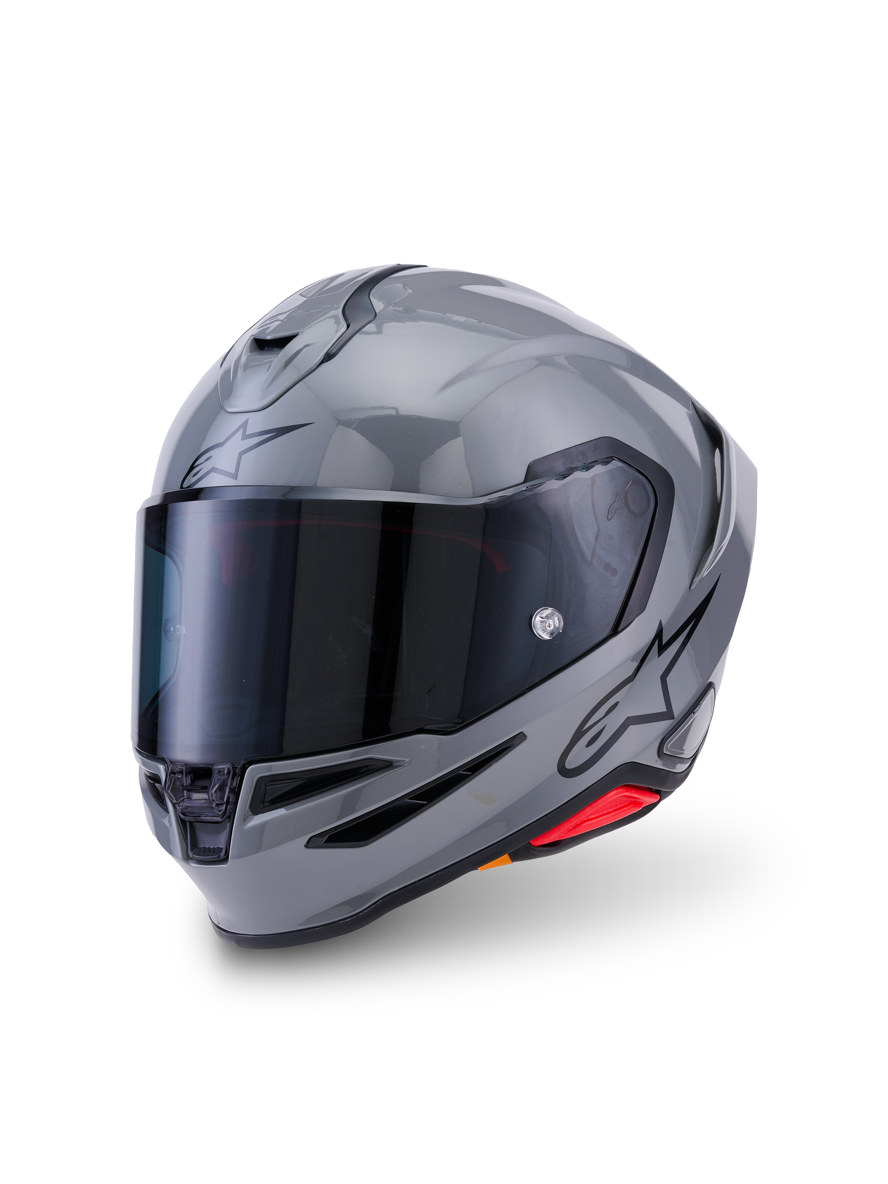Kask Alpinestars S-R7 Solid, kask motocyklowy integralny, szary błyszczący, przyciemniany wizjer, aerodynamiczna skorupa ze zintegrowanym spojlerem, otwory wentylacyjne, czarne logo Alpinestars z boku