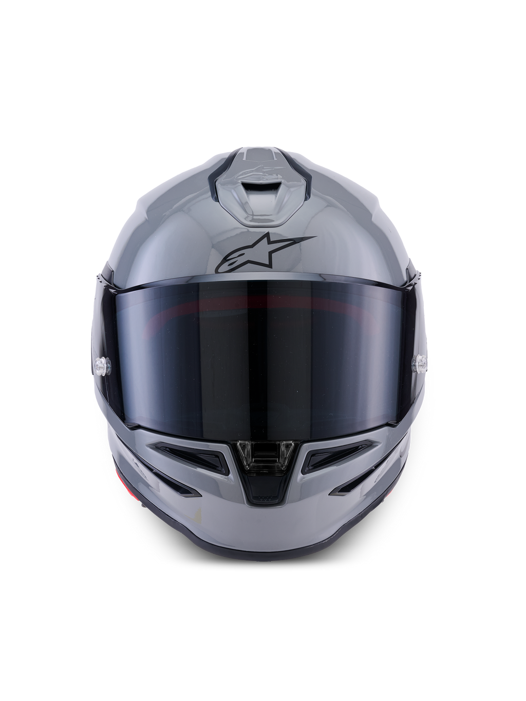 Kask Alpinestars S-R7 Solid, kask motocyklowy integralny, szary błyszczący, widok z przodu z ciemnym wizjerem, czarne logo A-star na czole, aerodynamiczna skorupa ze zintegrowaną wentylacją, przeznaczony do wyścigów i jazdy sportowej