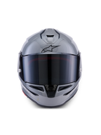 Kask Alpinestars S-R7 Solid, kask motocyklowy integralny, szary błyszczący, widok z przodu z ciemnym wizjerem, czarne logo A-star na czole, aerodynamiczna skorupa ze zintegrowaną wentylacją, przeznaczony do wyścigów i jazdy sportowej