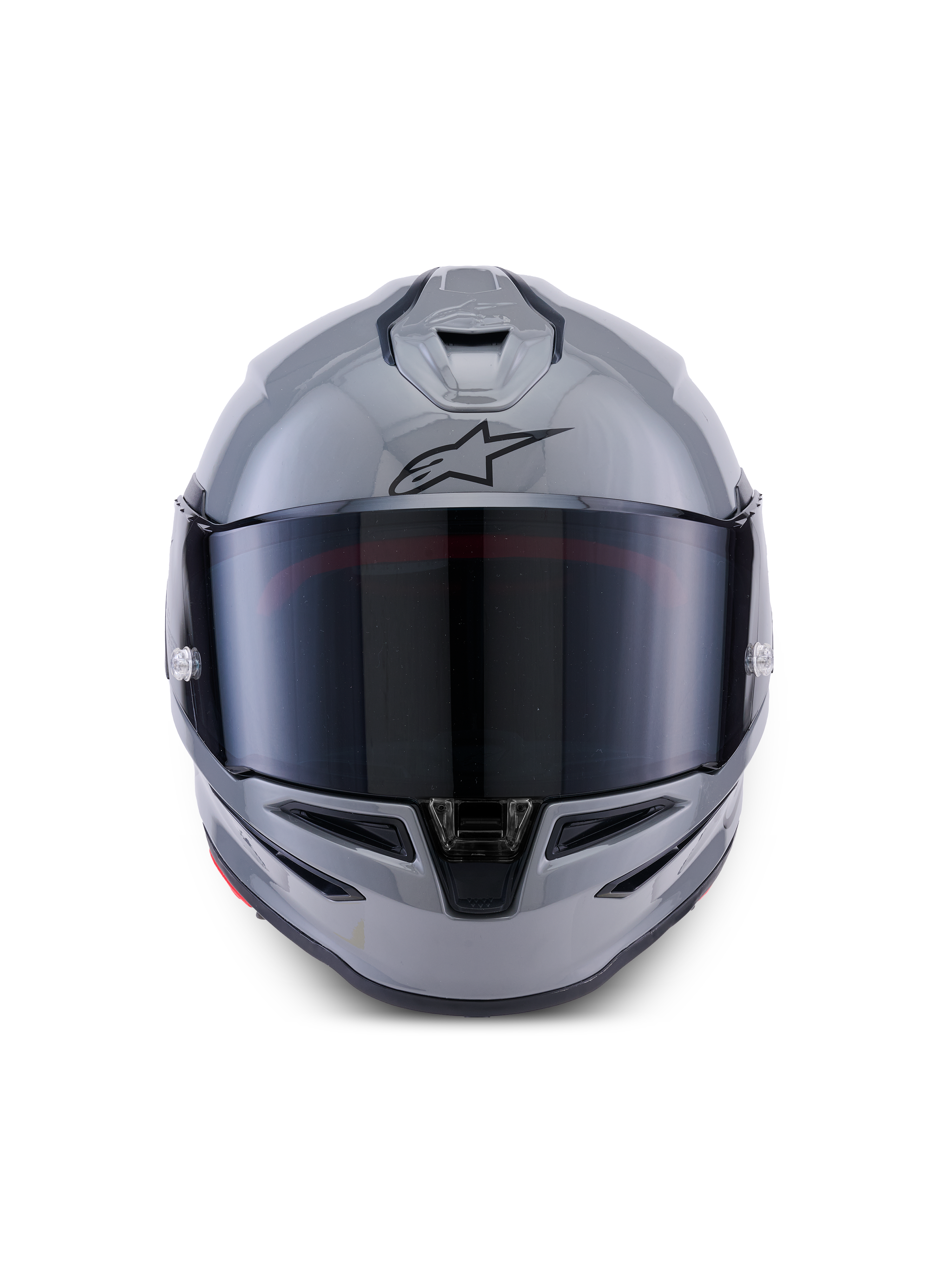 Kask Alpinestars S-R7 Solid, kask motocyklowy integralny, szary błyszczący, widok z przodu z ciemnym wizjerem, czarne logo A-star na czole, aerodynamiczna skorupa ze zintegrowaną wentylacją, przeznaczony do wyścigów i jazdy sportowej