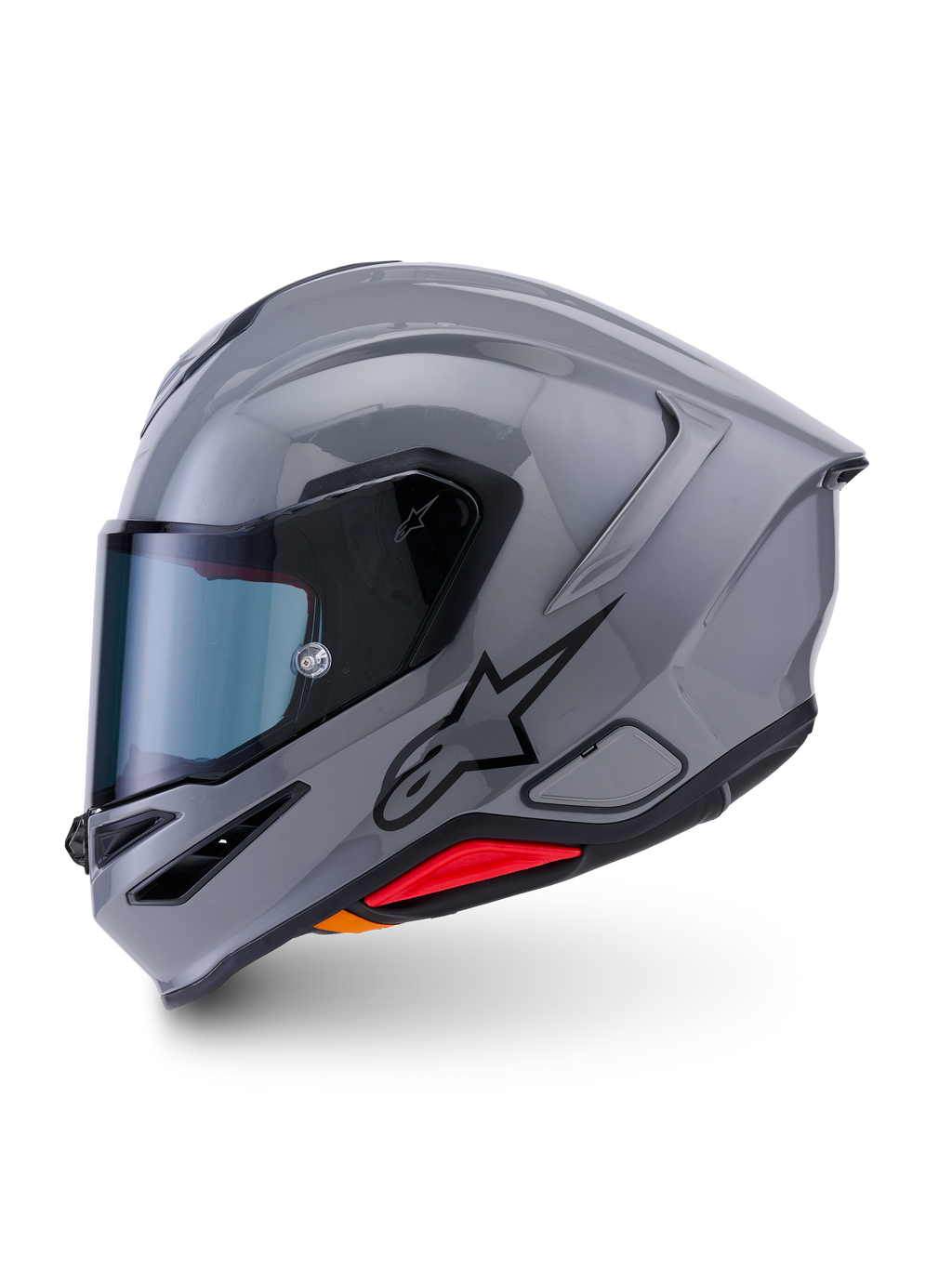 Kask Alpinestars S-R7 Solid, kask motocyklowy integralny, Gray Glossy, profil boczny ukazujący smukły aerodynamiczny design ze zintegrowanym spojlerem, czarne logo gwiazdy i czerwony akcent u podstawy