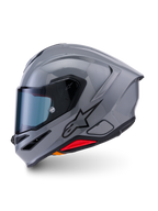 Kask Alpinestars S-R7 Solid, kask motocyklowy integralny, Gray Glossy, profil boczny ukazujący smukły aerodynamiczny design ze zintegrowanym spojlerem, czarne logo gwiazdy i czerwony akcent u podstawy