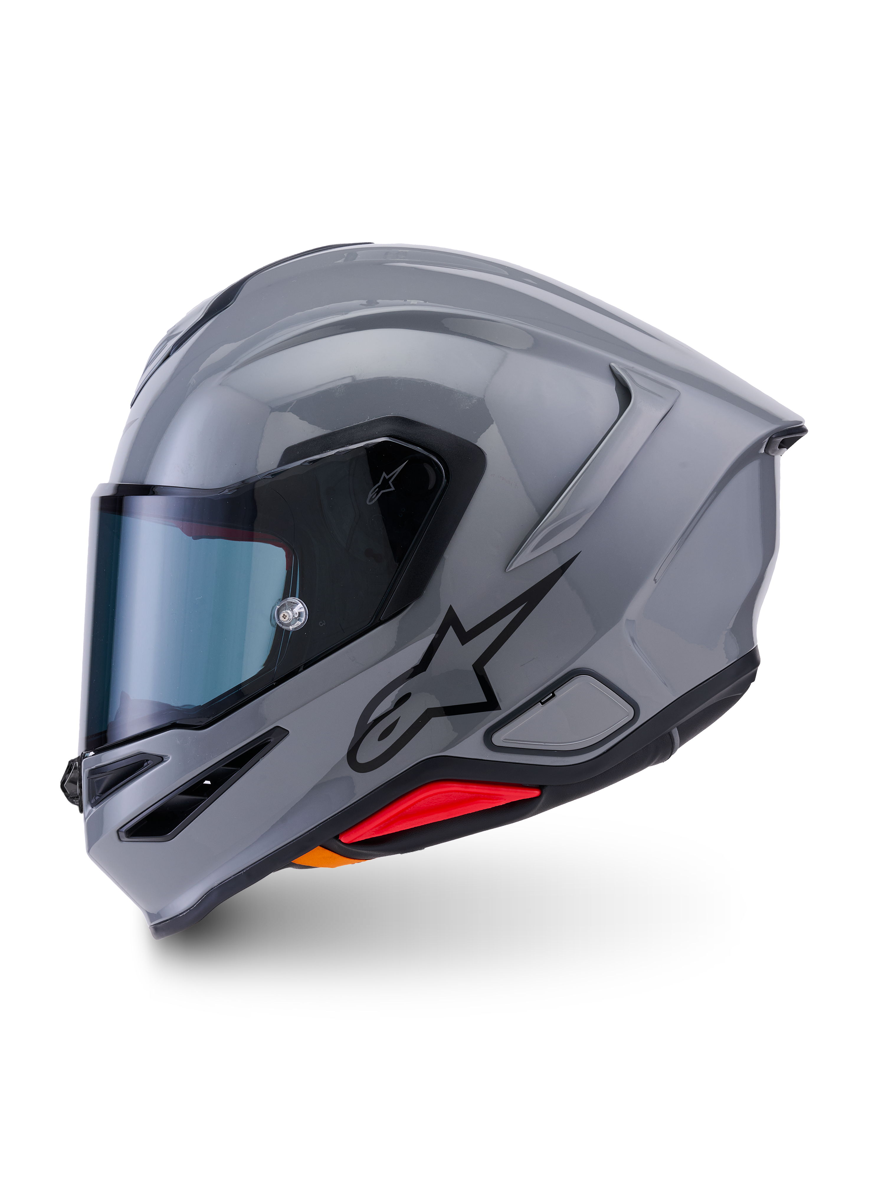 Kask Alpinestars S-R7 Solid, kask motocyklowy integralny, Gray Glossy, profil boczny ukazujący smukły aerodynamiczny design ze zintegrowanym spojlerem, czarne logo gwiazdy i czerwony akcent u podstawy