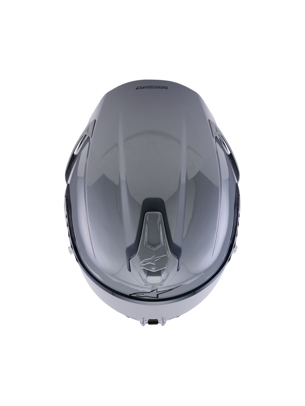 Kask Alpinestars S-R7 Solid, szary błyszczący, widok z góry podkreślający aerodynamiczny design skorupy i zintegrowane, przesuwane górne otwory wentylacyjne