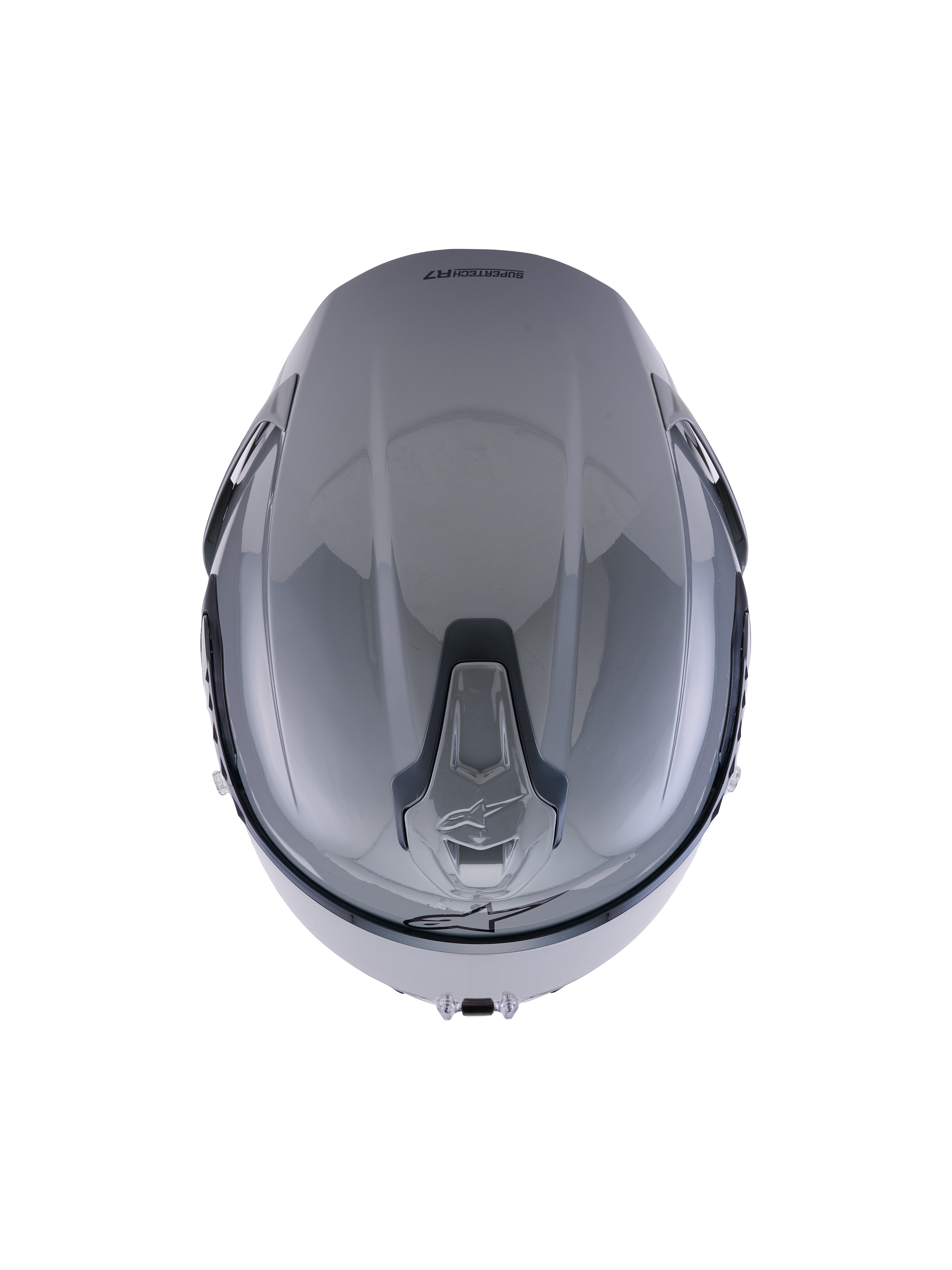Kask Alpinestars S-R7 Solid, szary błyszczący, widok z góry podkreślający aerodynamiczny design skorupy i zintegrowane, przesuwane górne otwory wentylacyjne