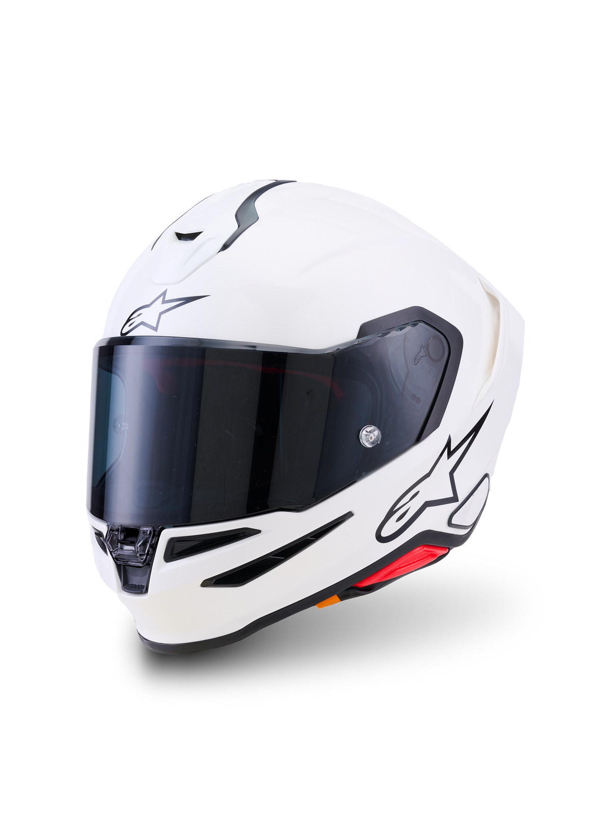 Alpinestars S-R7 Solid Helmet, kask motocyklowy integralny, biały połysk, ciemny dymiony wizjer, czarne logo z gwiazdą na czole i boku, aerodynamiczna skorupa z otworami wentylacyjnymi i czerwonymi akcentami, profesjonalny sprzęt wyścigowy i drogowy