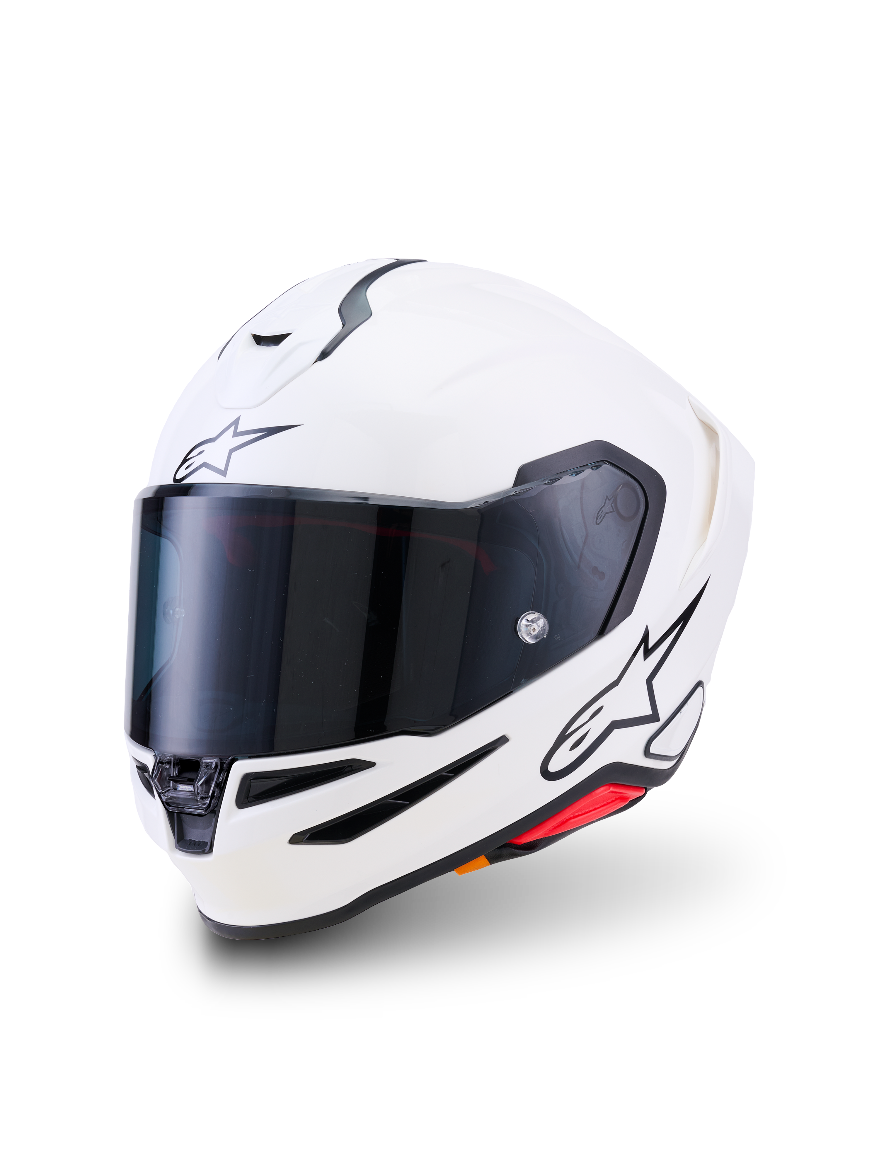 Alpinestars S-R7 Solid Helmet, kask motocyklowy integralny, biały połysk, ciemny dymiony wizjer, czarne logo z gwiazdą na czole i boku, aerodynamiczna skorupa z otworami wentylacyjnymi i czerwonymi akcentami, profesjonalny sprzęt wyścigowy i drogowy