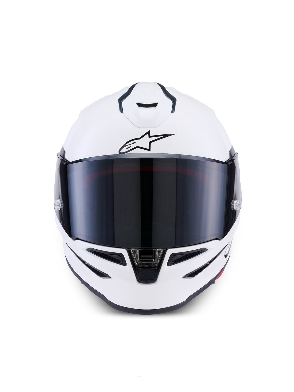 Alpinestars S-R7 Solid Helmet, integralny kask motocyklowy, biały połysk, widok z przodu z ciemnym przyciemnianym wizjerem, aerodynamiczna skorupa ze zintegrowanymi otworami wentylacyjnymi, profesjonalny sprzęt sportowy i wyścigowy
