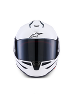Alpinestars S-R7 Solid Helmet, integralny kask motocyklowy, biały połysk, widok z przodu z ciemnym przyciemnianym wizjerem, aerodynamiczna skorupa ze zintegrowanymi otworami wentylacyjnymi, profesjonalny sprzęt sportowy i wyścigowy